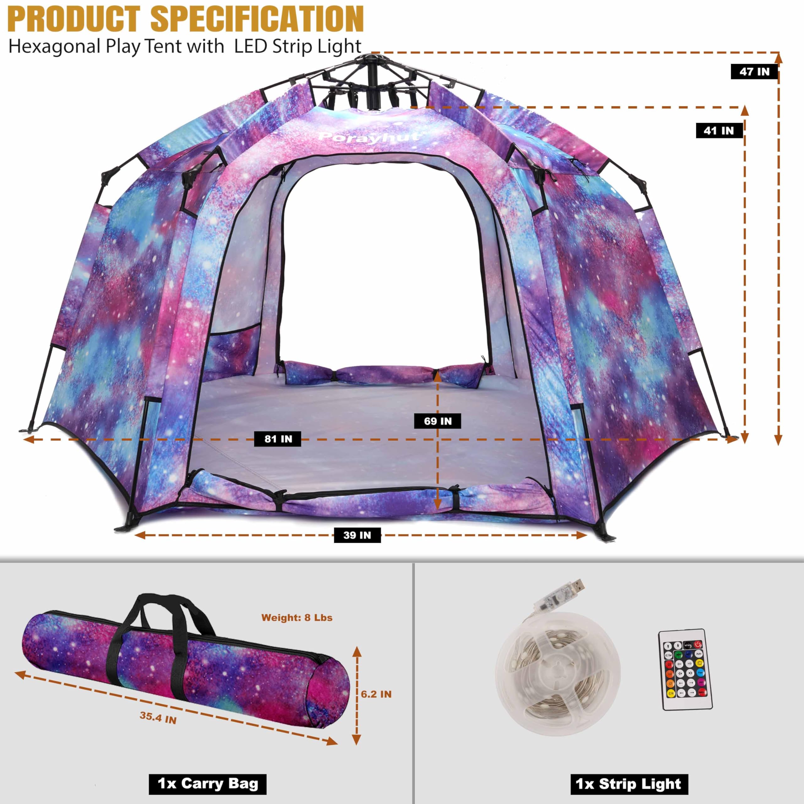 Portable Hexagon Kids Play Tent with LED Strip Lights Indoor Children Play House Easy Set-up Space Large Dream Tent for Night 4-5 Person & Birthday Gifts