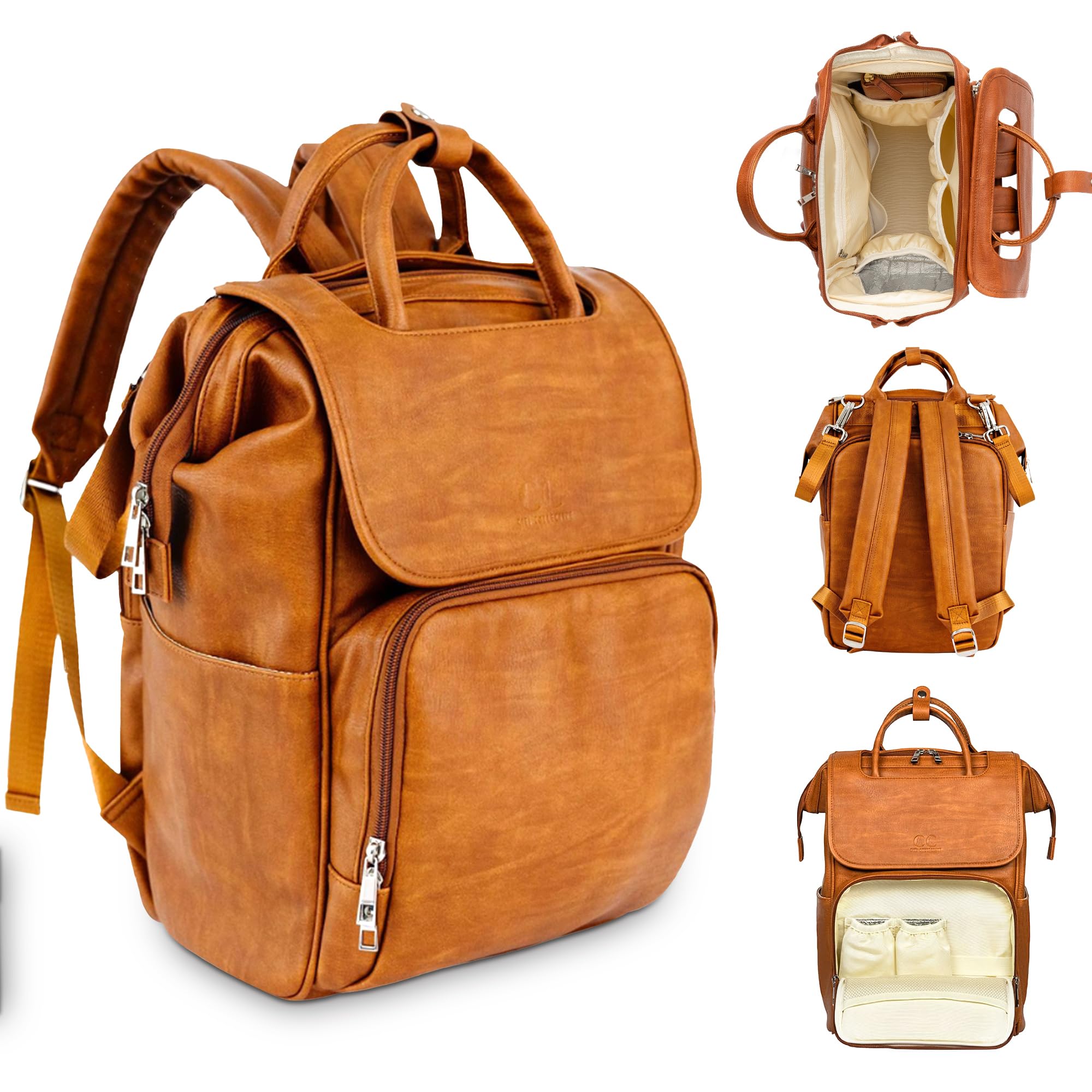 Brown Diaper Bag Backpack - Vegan Leather Diaper Bag with Shoulder
