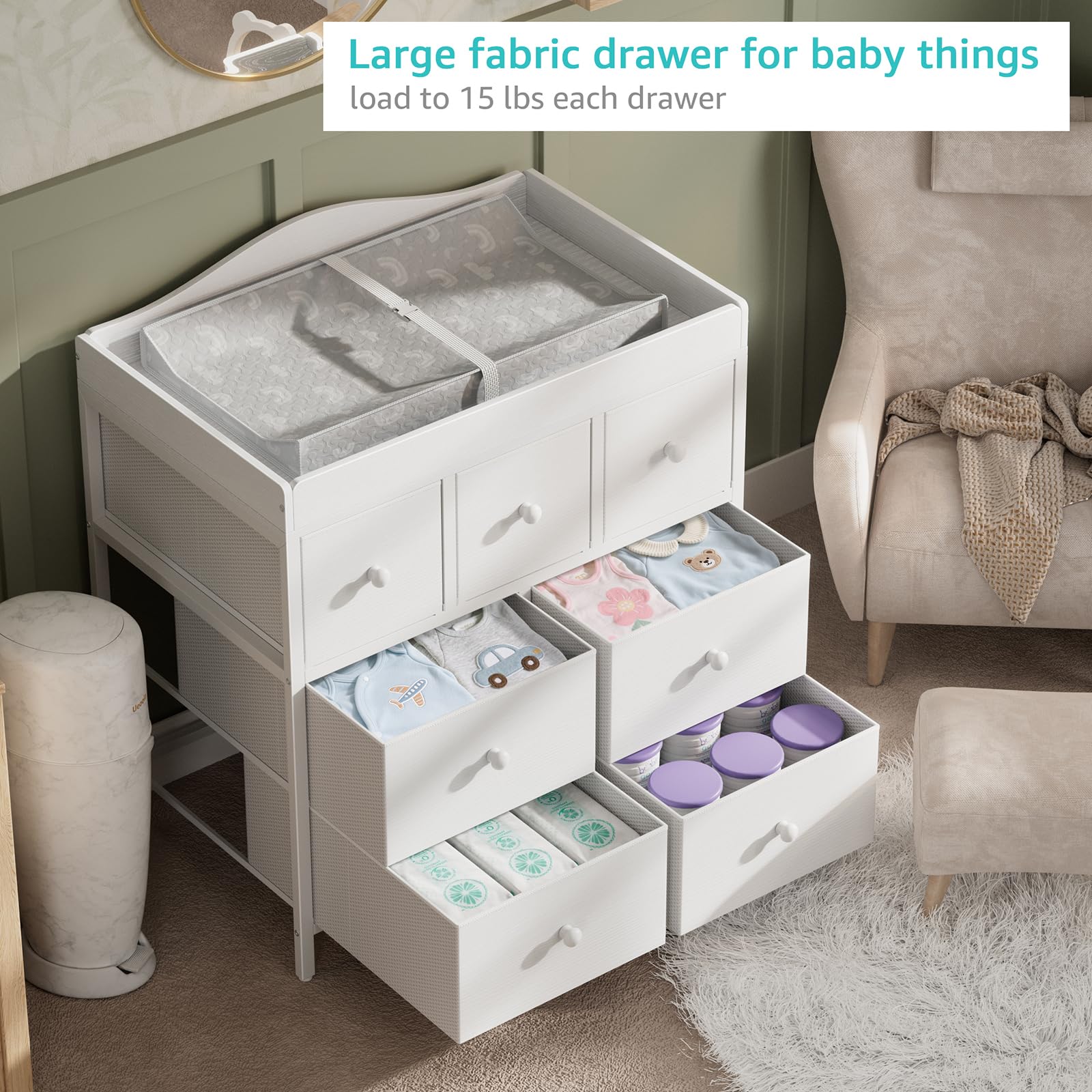 Baby Changing Table Dresser with 7 Fabric Drawers