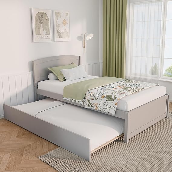 Trundle Bed Twin, Solid Wood Bed Frames with Headboard