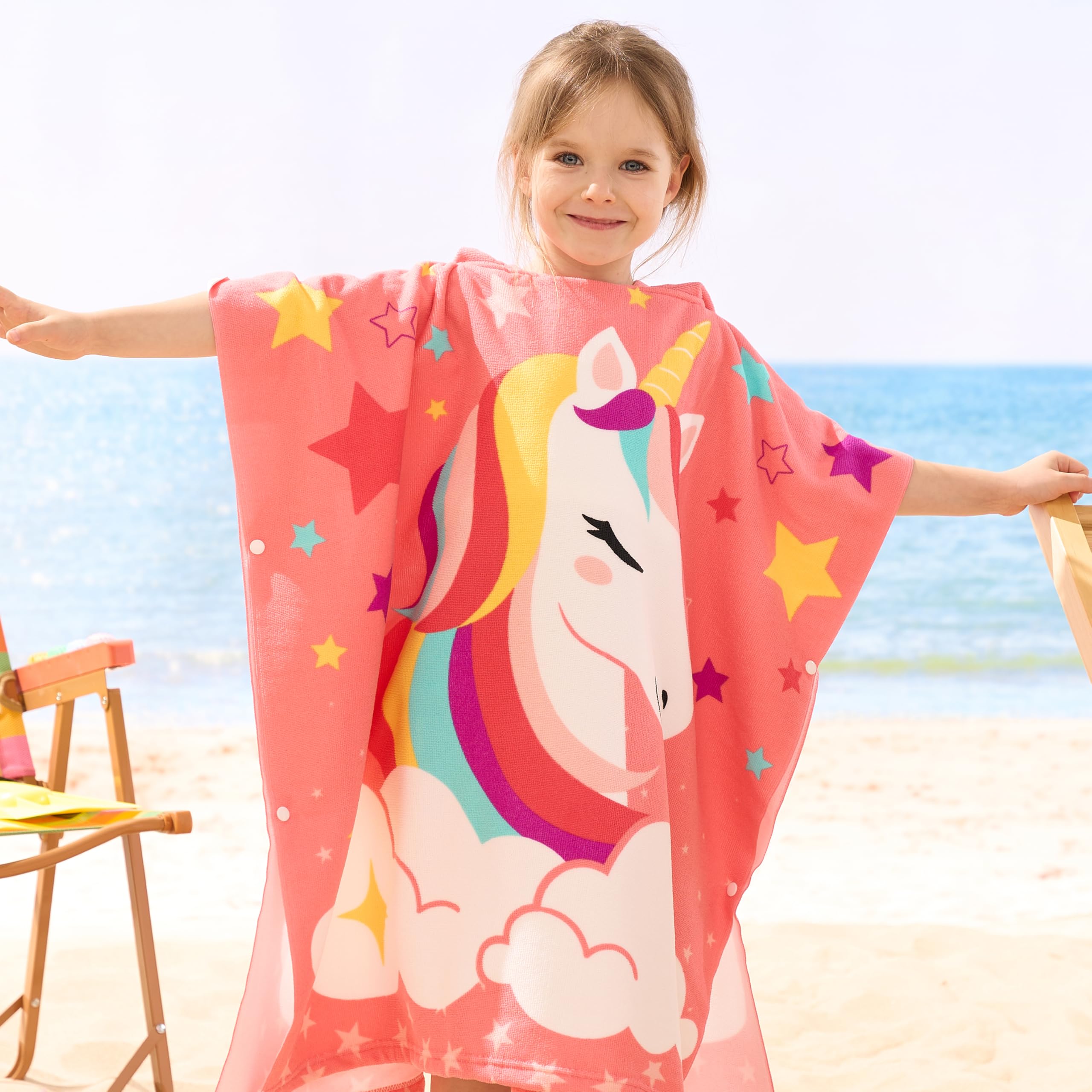 Kids Hooded Beach Towel Poncho with Snap Buttons