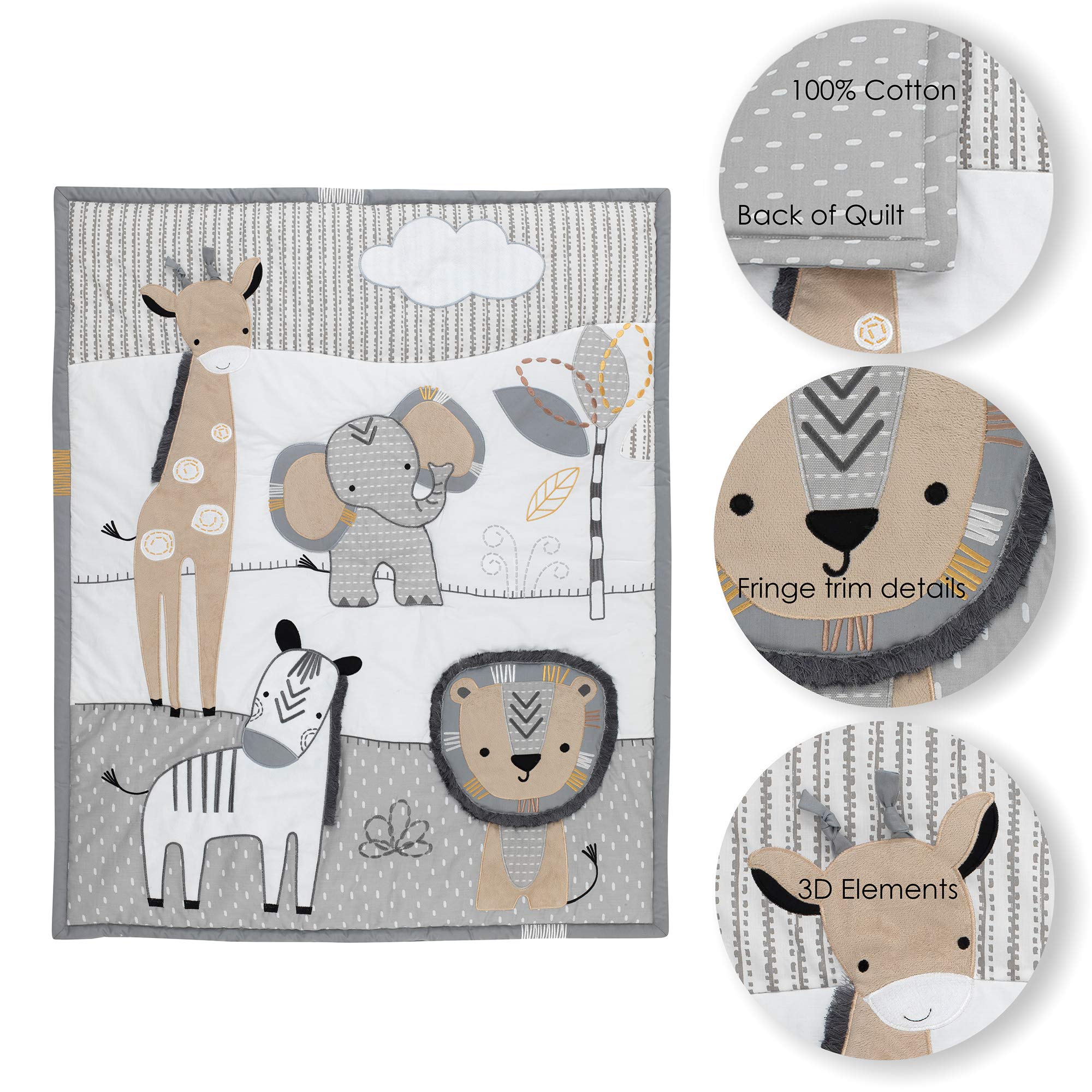 Safari Gray/Tan/White Nursery 6-Piece Baby Crib Bedding Set