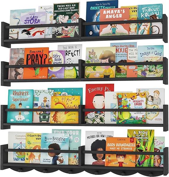 34Inch Nursery Bookshelves,Set of 4,Wall Floating Shelf Kids Coat Rack with 6Hooks