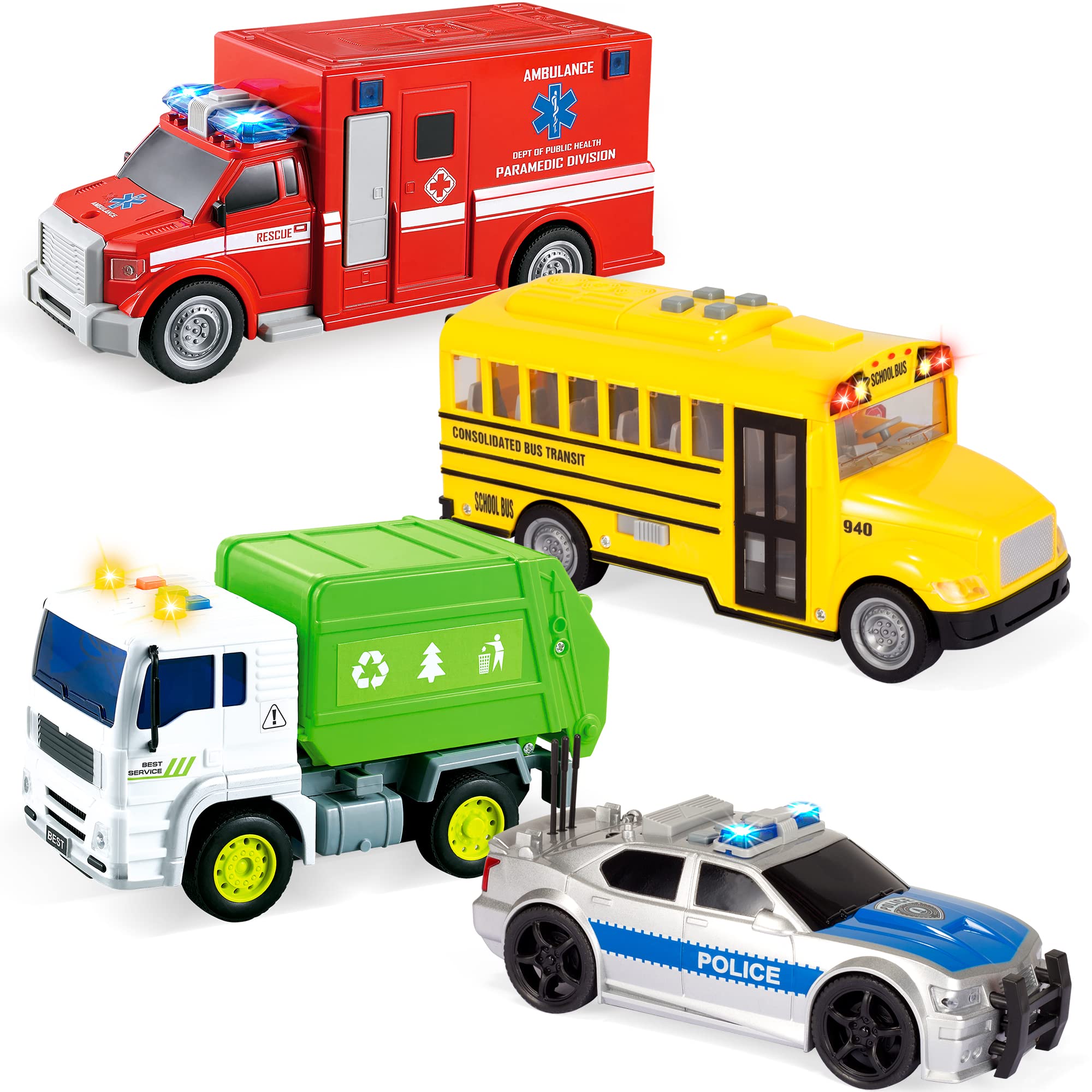 4 Pcs 7" Long Vehicle Toy Set, Toddlers Cars with Lights and Siren Sound, Including Play