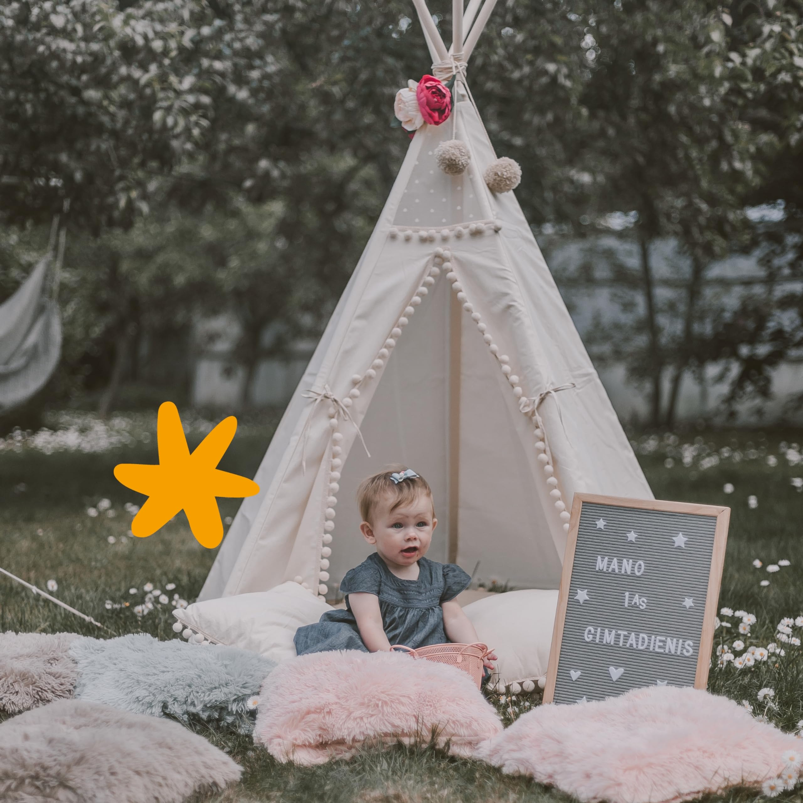 MINICAMP Original Teepee Tent for Kids - Play Tent for Girls & Boys - Natural Canvas Kids Indoor Tent for Toddlers 3-5 - Extra-Stable Children's Sleepover Tipi with Padded Mat Included - Pompom Decor