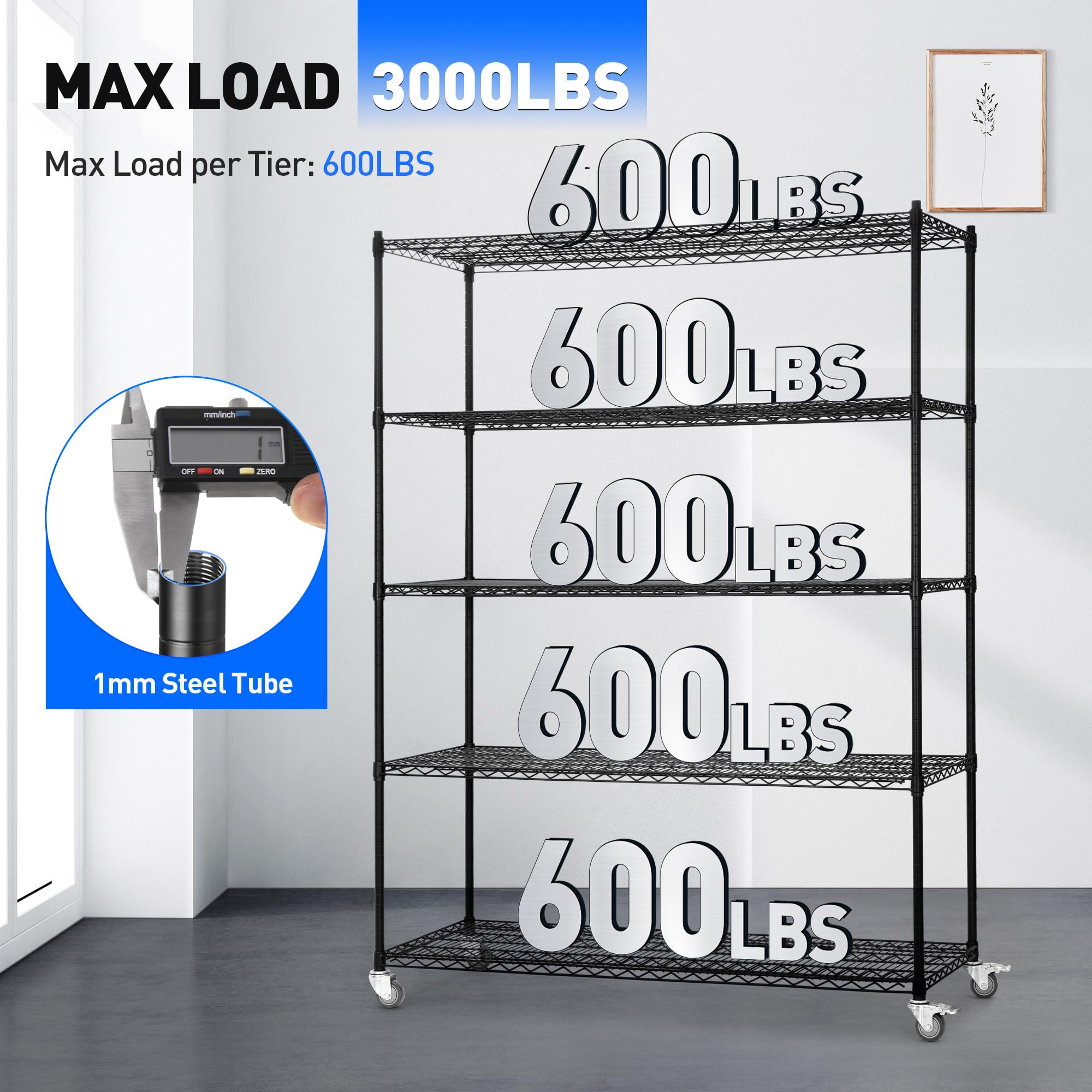 5-Tier Metal Wire Shelving Unit with Wheels