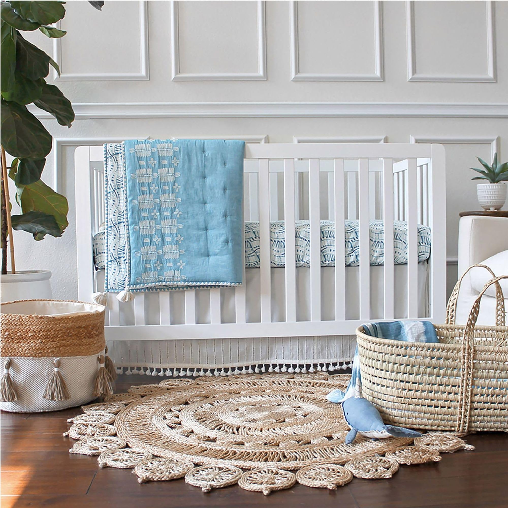 Crane Baby Boho Cotton Baby Crib Skirt with Fringe, White Bed Skirt Fits Standard Cribs, Skirting 28” X 52” X 8”, Off White Neutral Crib Skirts for Nursery