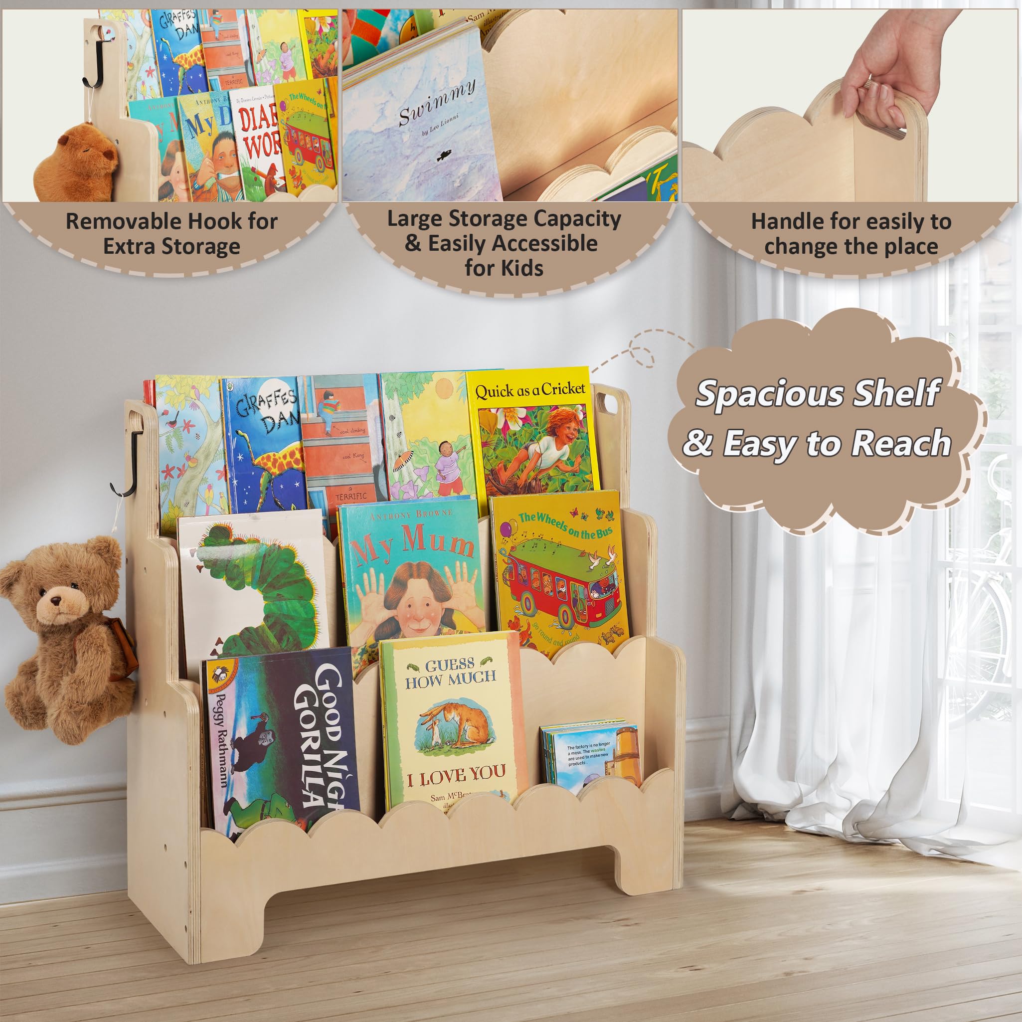 Wooden 3-Tier Kids Bookshelf with Front-Facing Display
