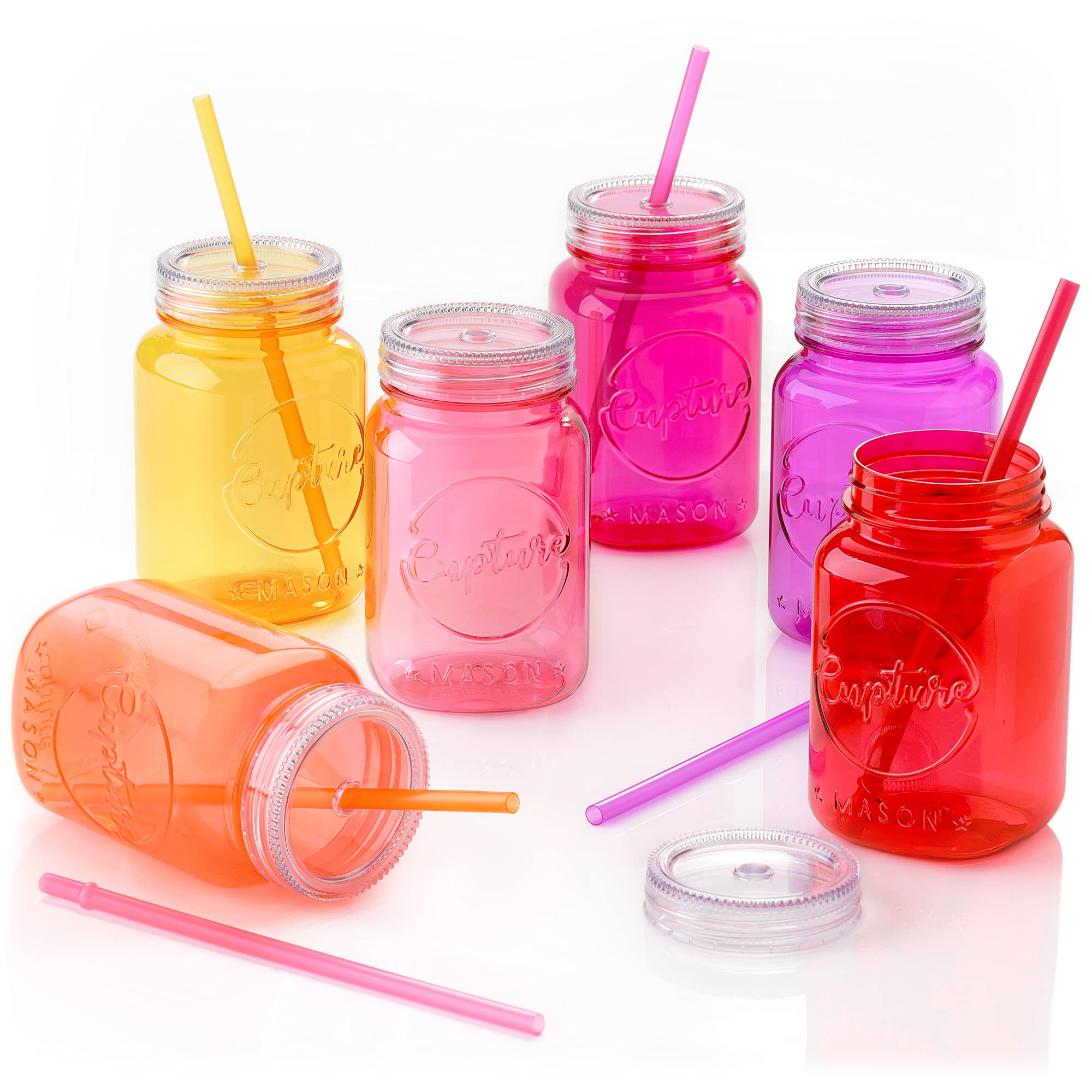 Acrylic Mason Jar Tumbler Mugs with Lids & Straws - 20 oz, 6 Pack (Warm Blossom)