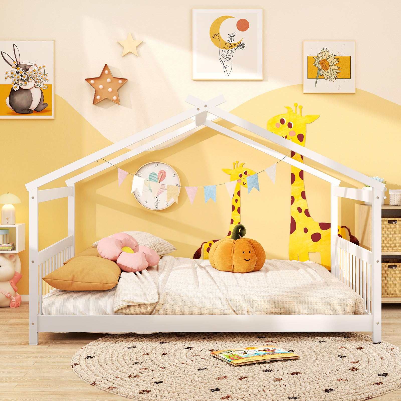 Full Size Floor Bed, Solid Wood Montessori House Bed with Roof