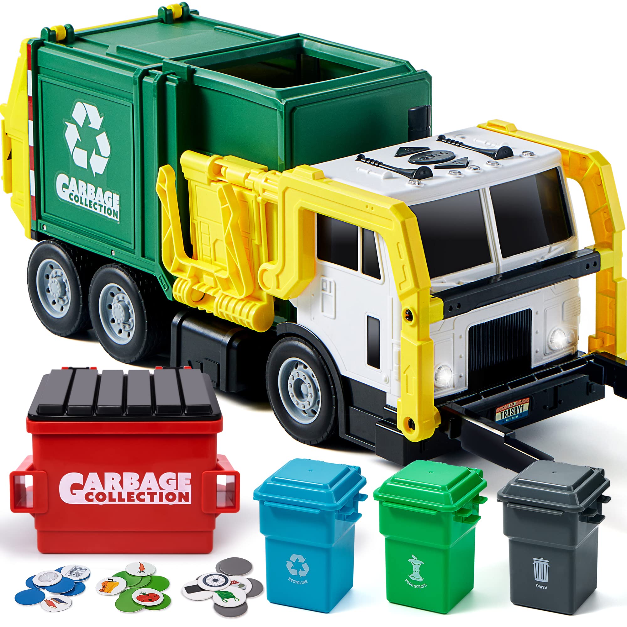 Large Friction Powered Garbage Truck Toy Set, Includes Dumpster, Trash Bins