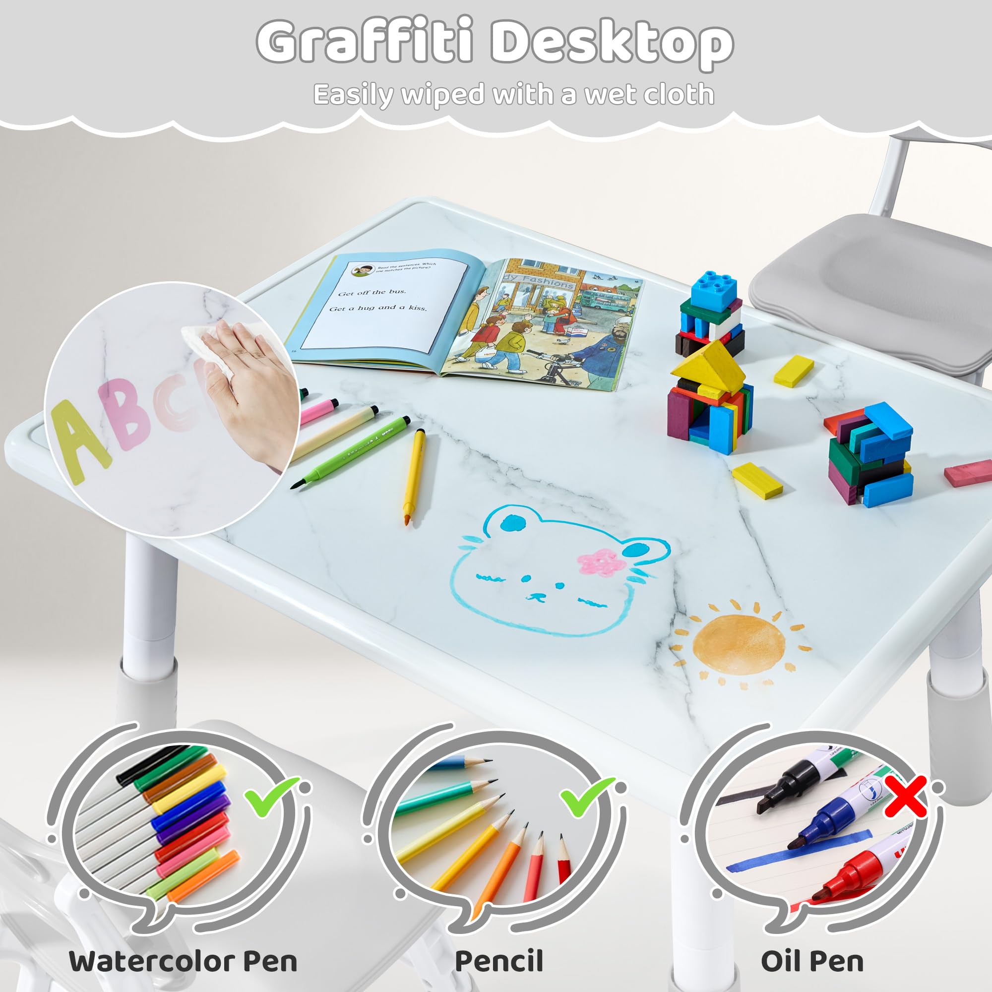 Height Adjustable Kids Table and Chair Set with Marble Pattern Desktop