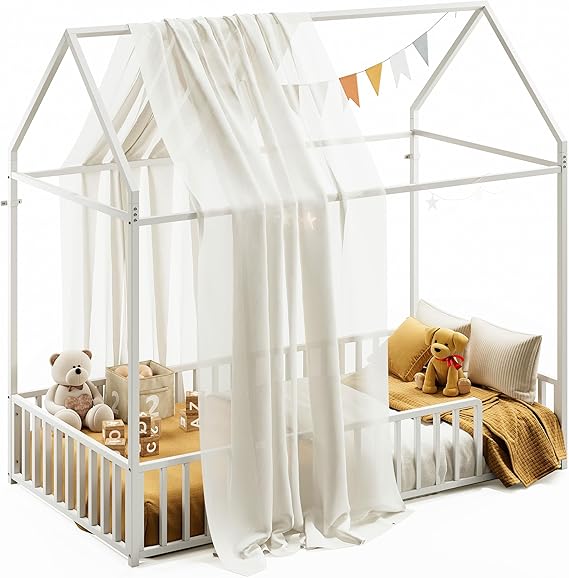 Twin Floor Bed Frame with Roof & Fence Guardrails Metal House Bed for Bedroom