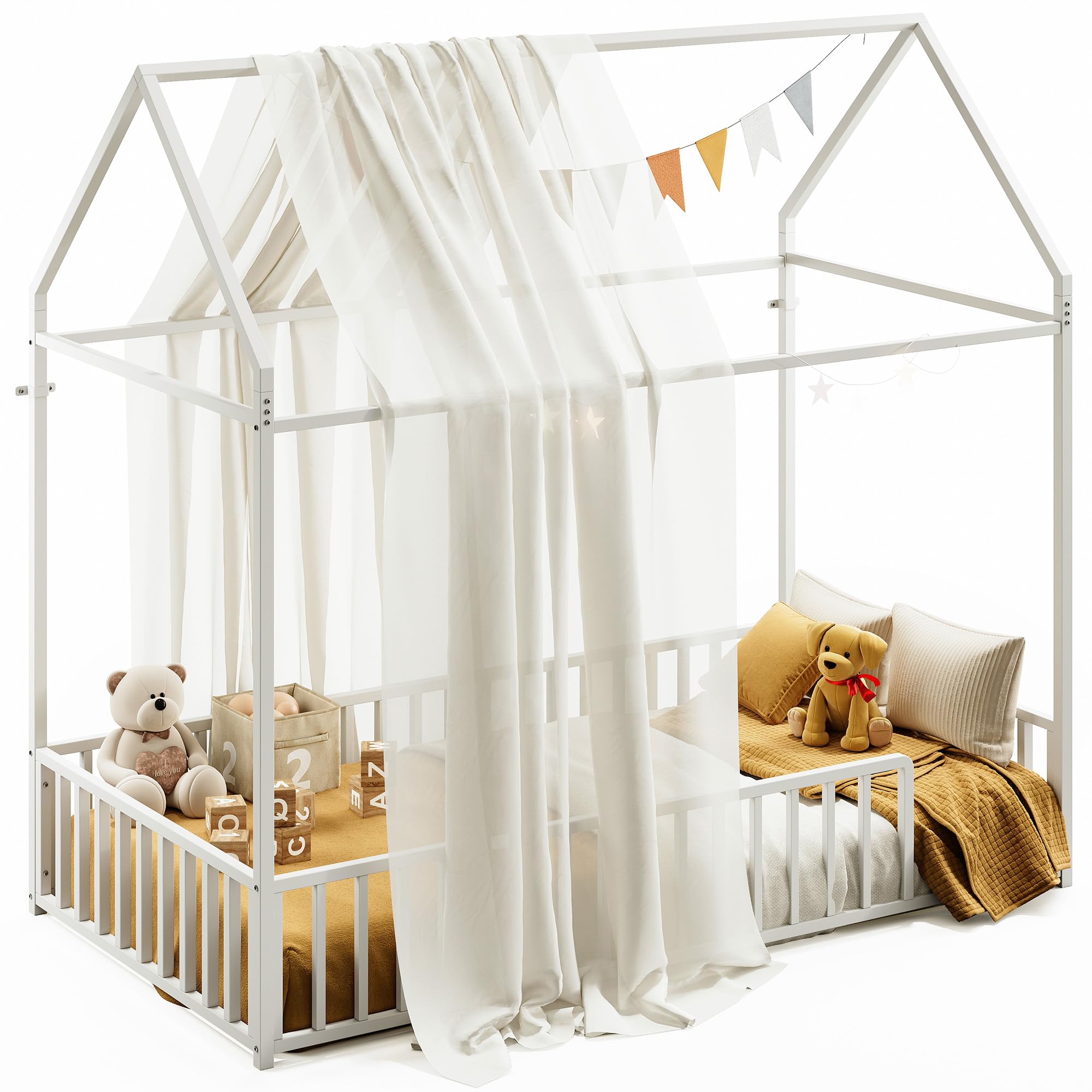 Twin Floor Bed Frame with Roof & Fence Guardrails Metal House Bed for Bedroom