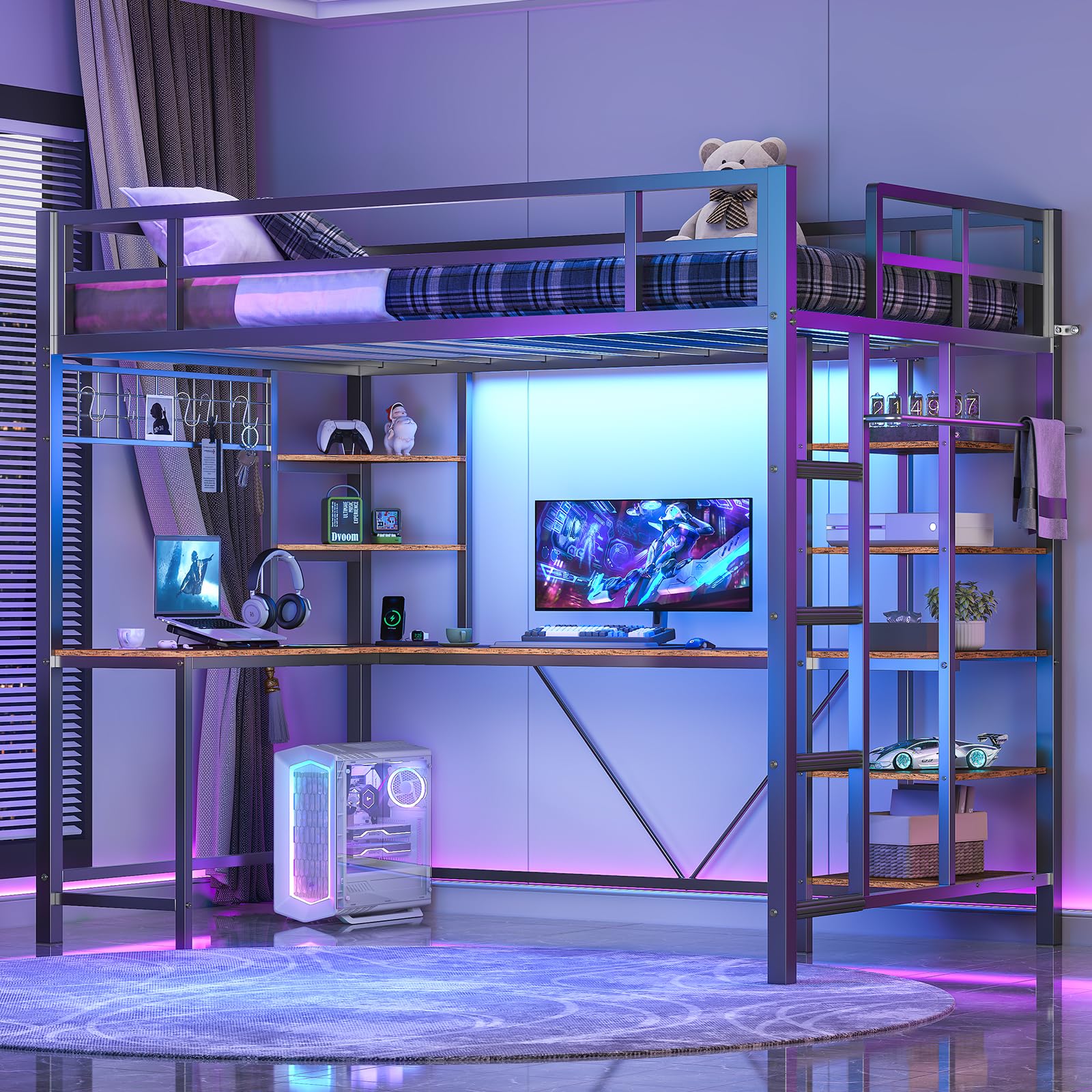 Twin Loft Bed with L-Shaped Desk and Storage Shelves