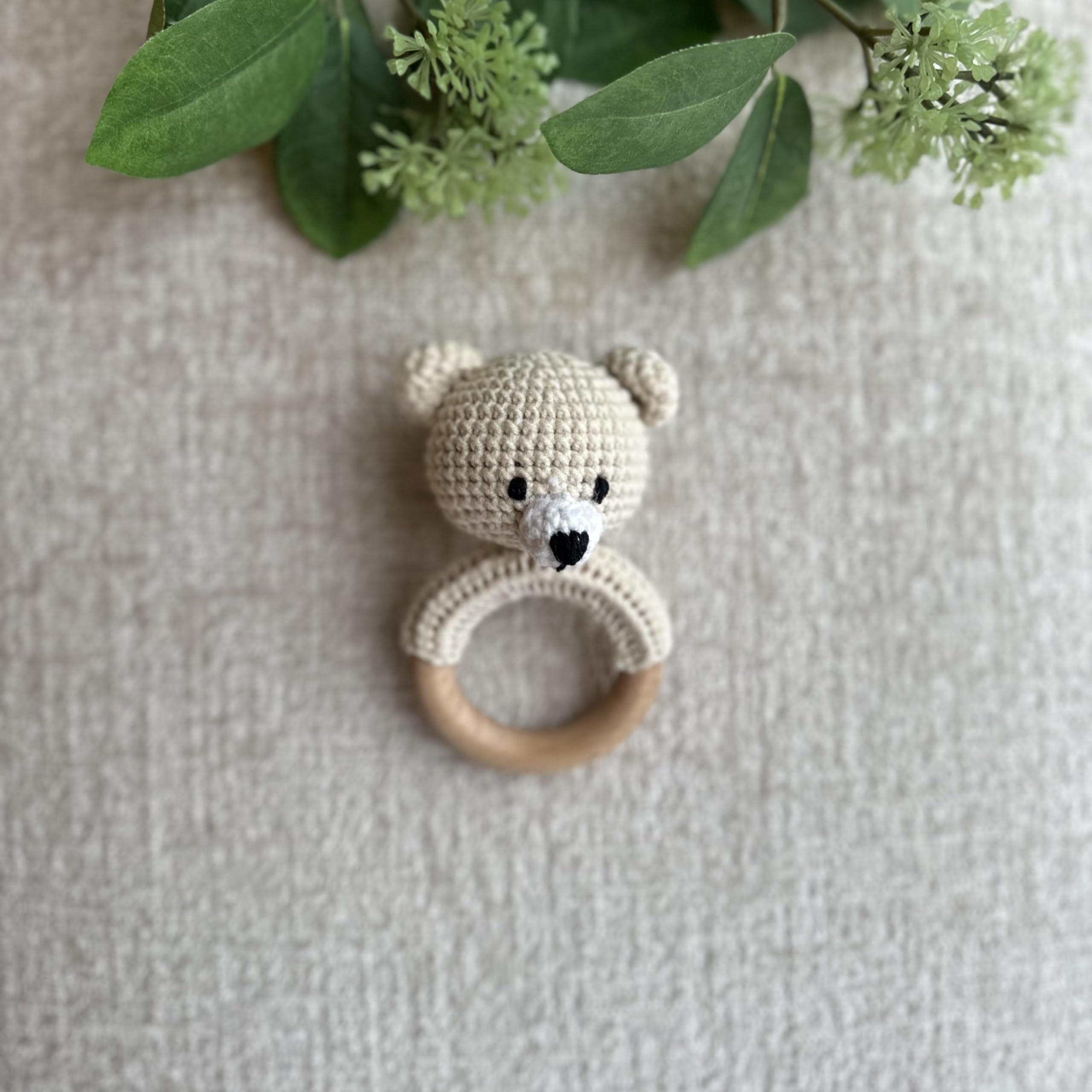 Organic Cotton Handmade Crotchet Bear Rattle, Toy, teether and Pacifier Holder