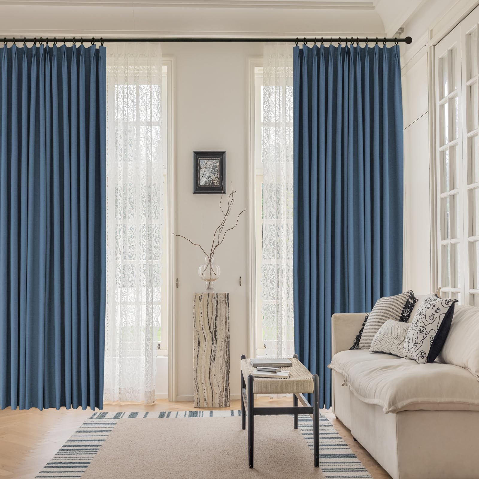 Navy Blue Blackout Panels 84 inches Long, Pinch Pleated Faux Linen