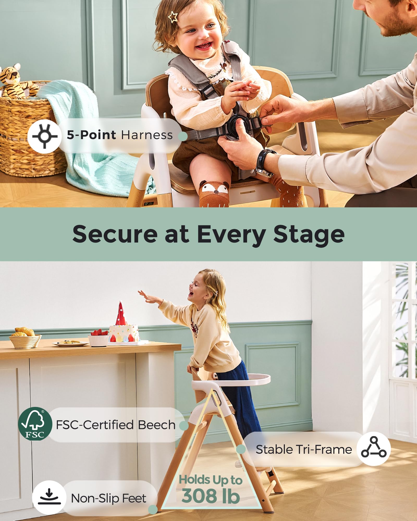Convertible Wooden High Chair for Babies and Toddlers