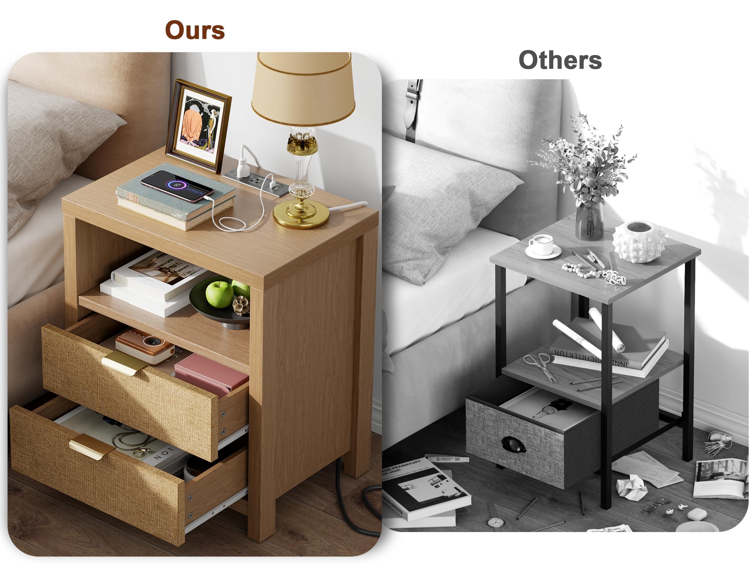 Rattan Nightstand with Charging Station and Storage Drawers