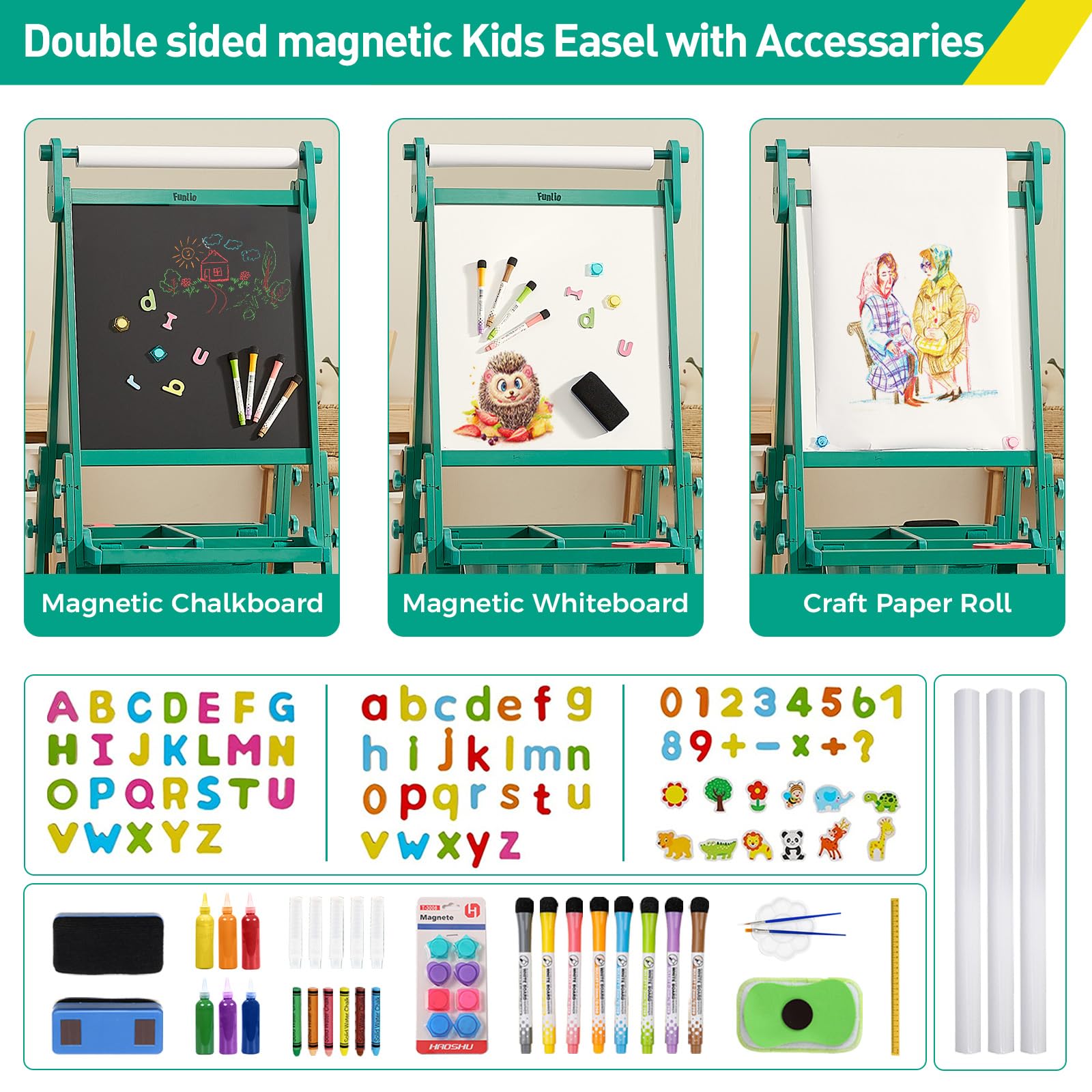FUNLIO Foldable Anti-Warping Kids Art Easel, 3 Height Adjustable Toddler Easel, All-in-One for Kids Aged 3-8 with Paper Roll, Standing Easel with Magnetic Chalkboard/Whiteboard - Viridian Foldable