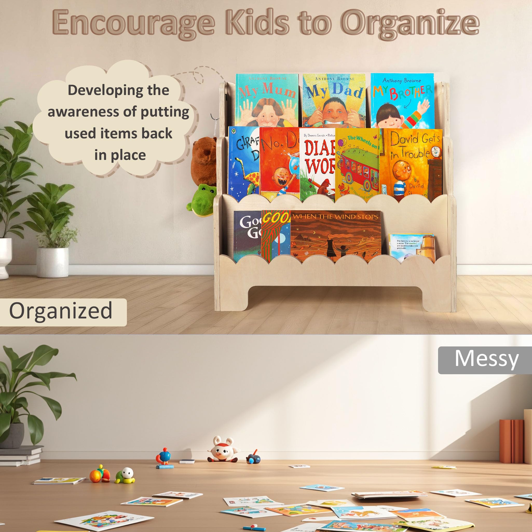 Wooden 3-Tier Kids Bookshelf with Front-Facing Display