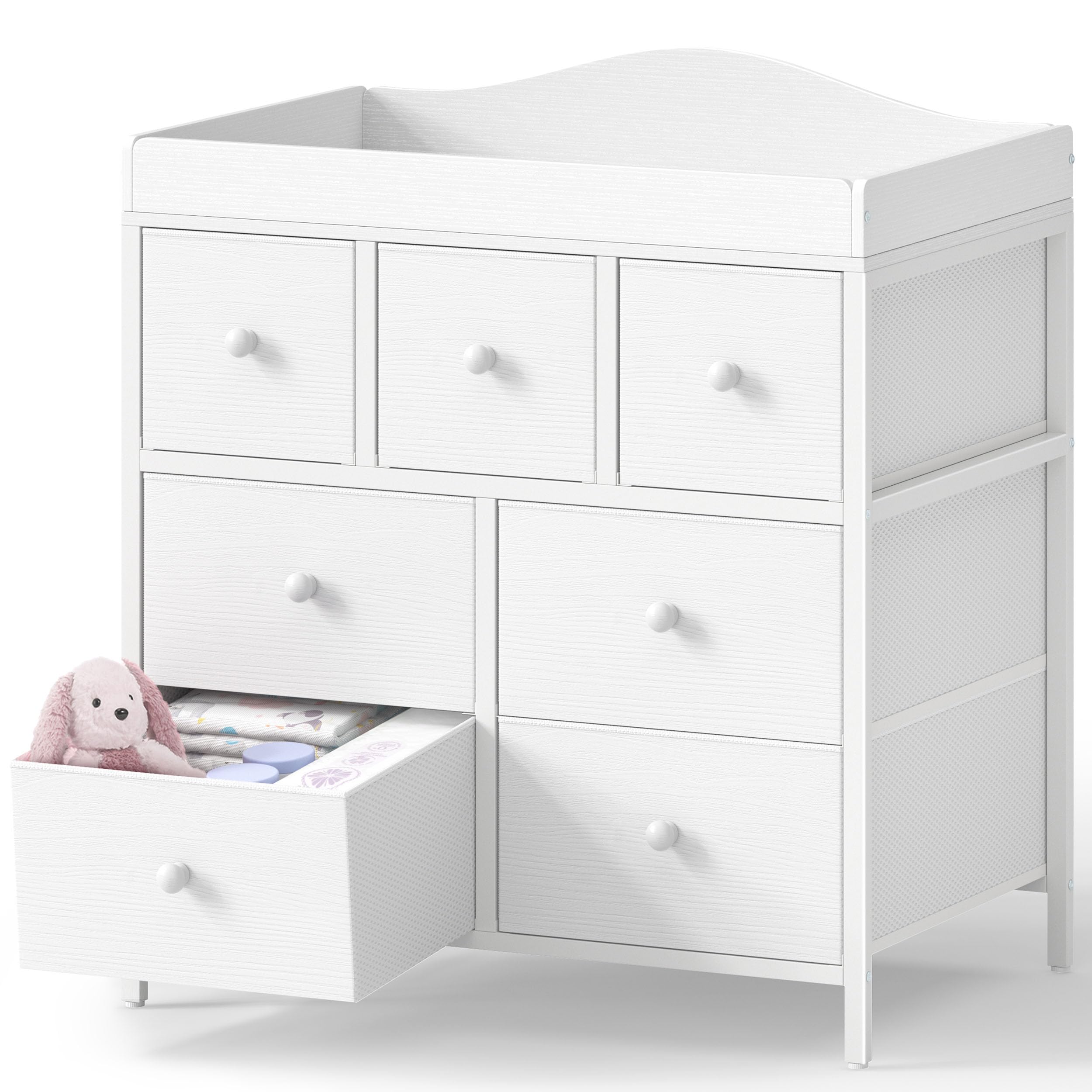 Baby Changing Table Dresser with 7 Fabric Drawers