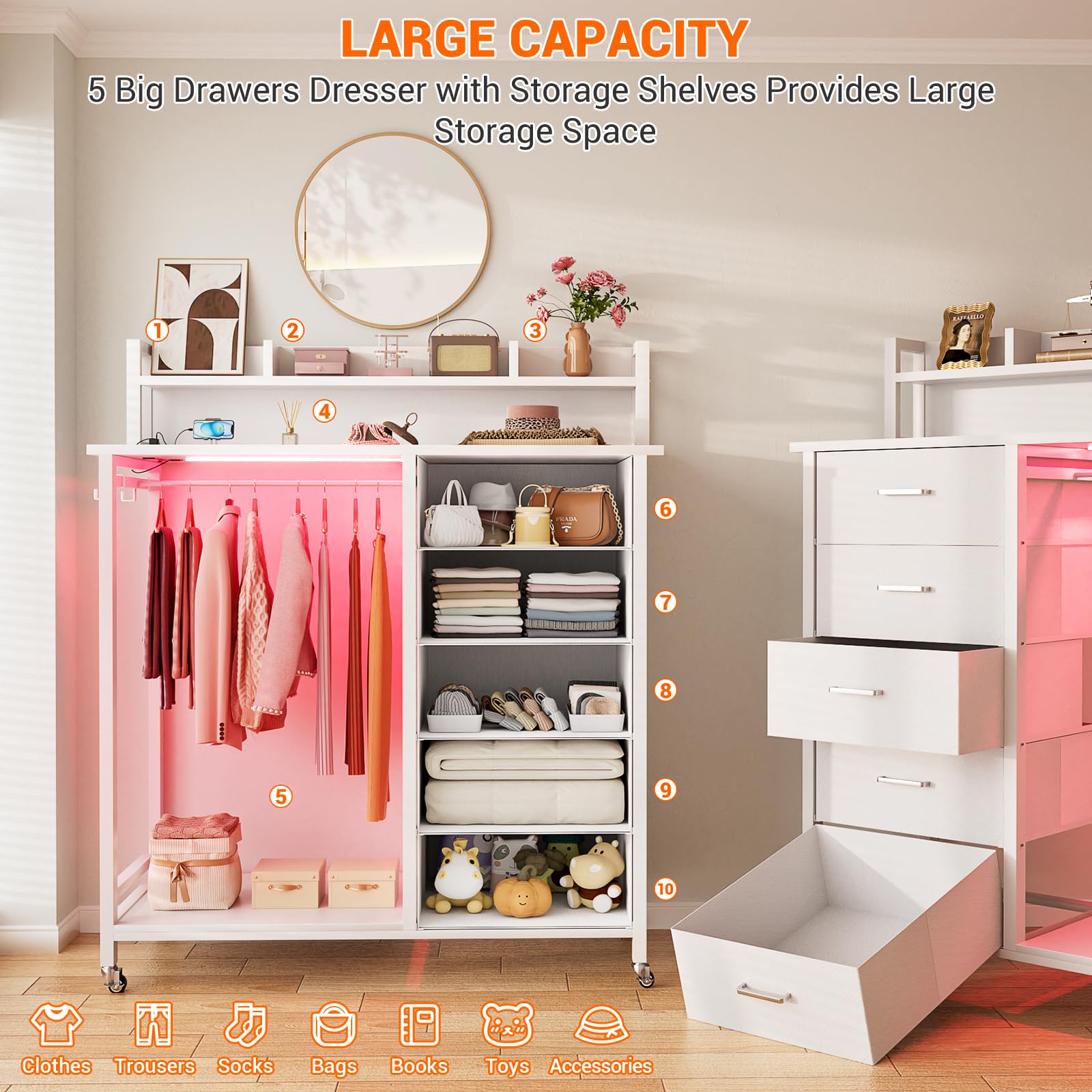 5 Drawer Dresser with Clothes Rack and Charging Station