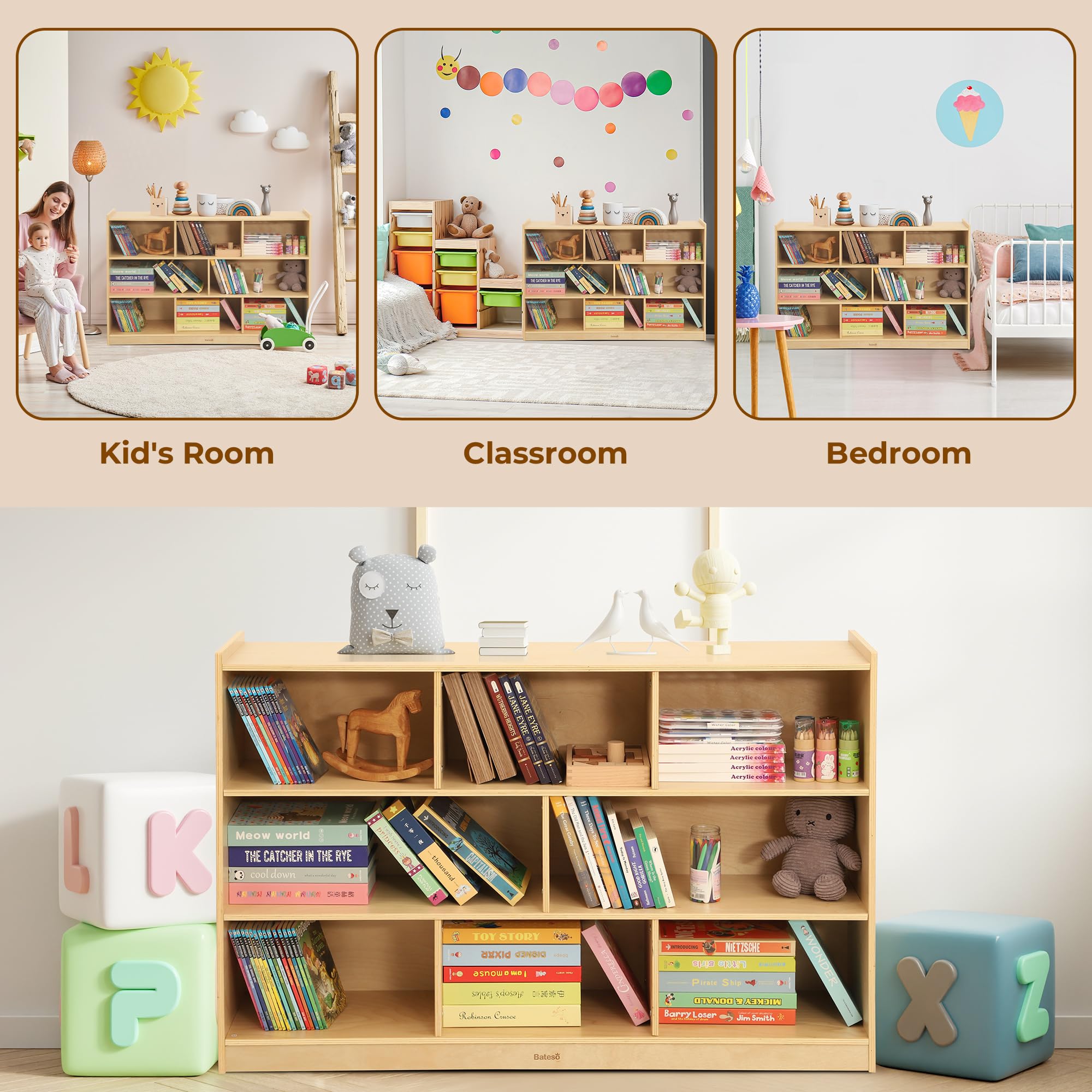 8-Section Wooden Kids Storage Bookshelf