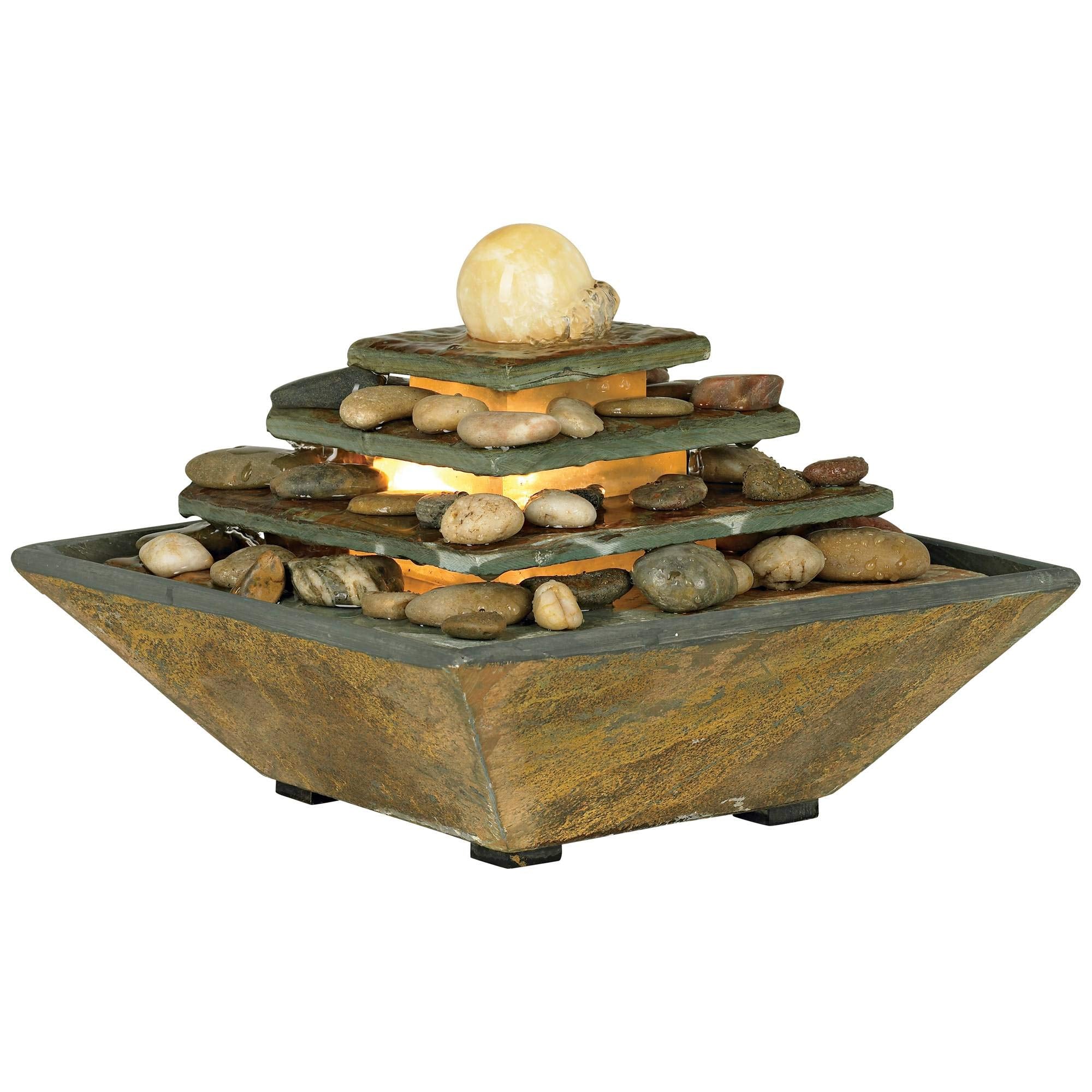 Pyramid Slate Stone Tabletop Fountain with LED Light