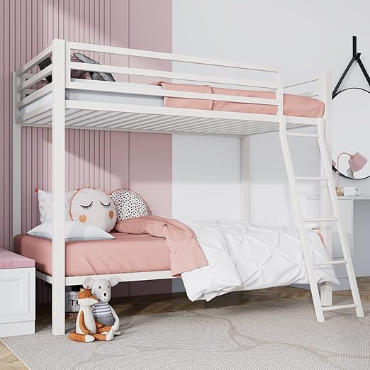 Loft Bunk Bed Twin Over Twin Size with Ladder and Guardrail