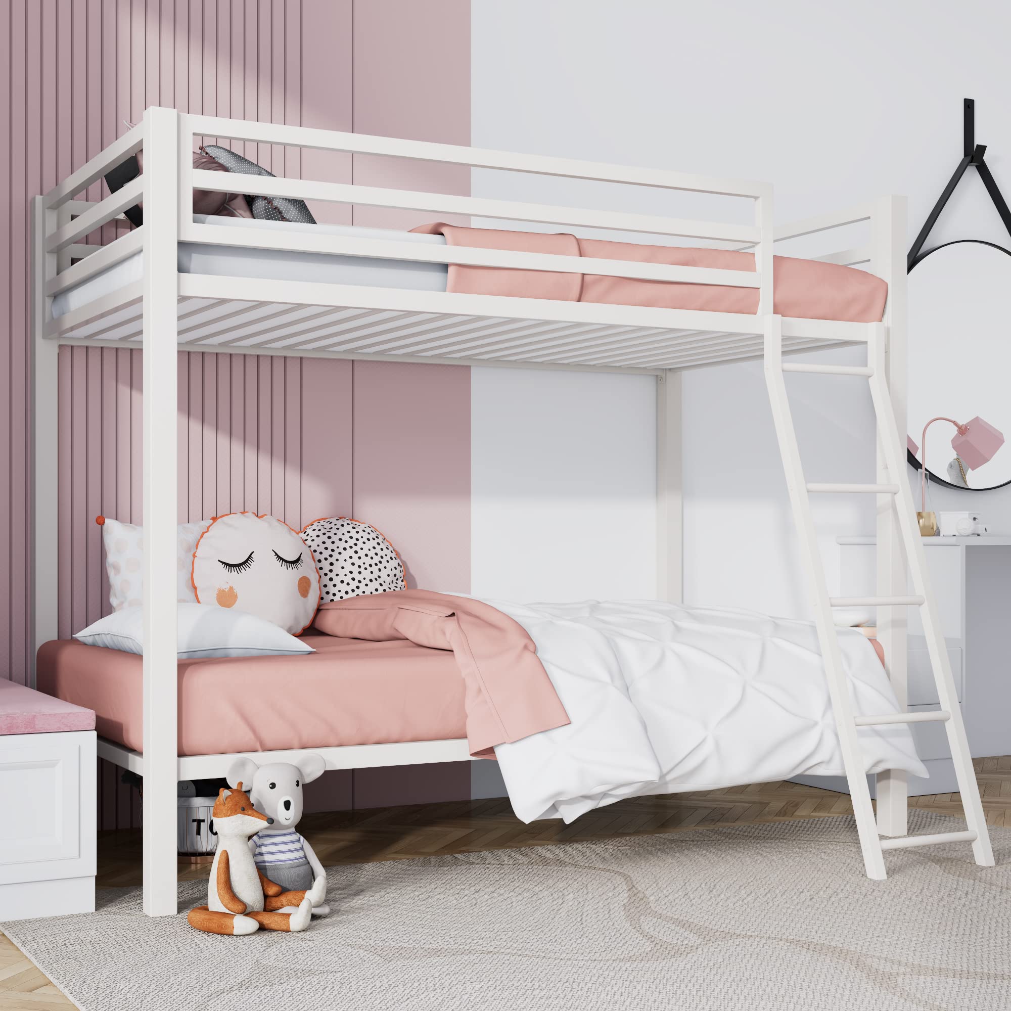 Loft Bunk Bed Twin Over Twin Size with Ladder and Guardrai