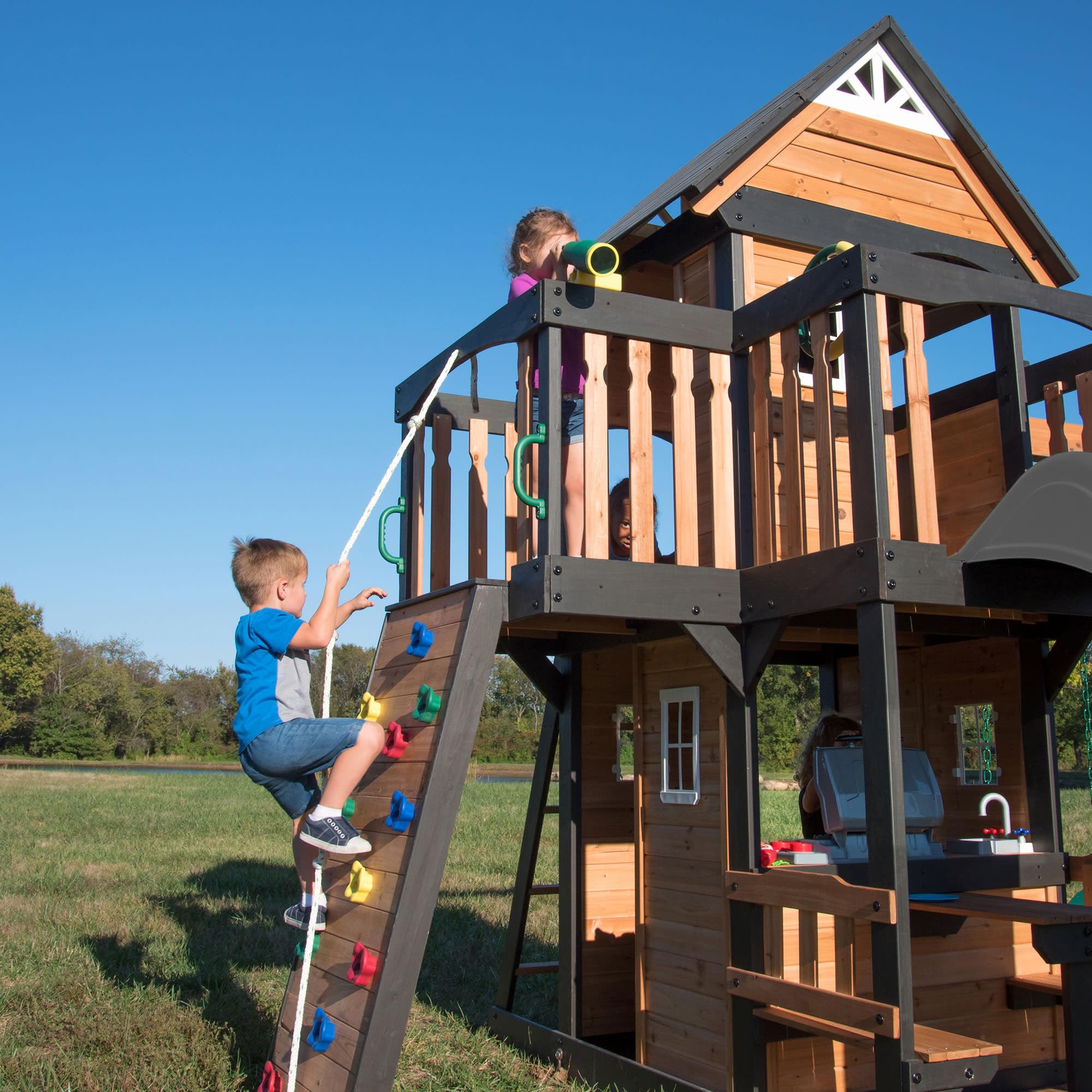 Cedar Wood Swing Set with Wave Slide, Clubhouse, Rock Wall, and Picnic Area for Kids Ages 3-10