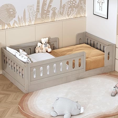Twin Size Floor Bed Frame with Safety Fence