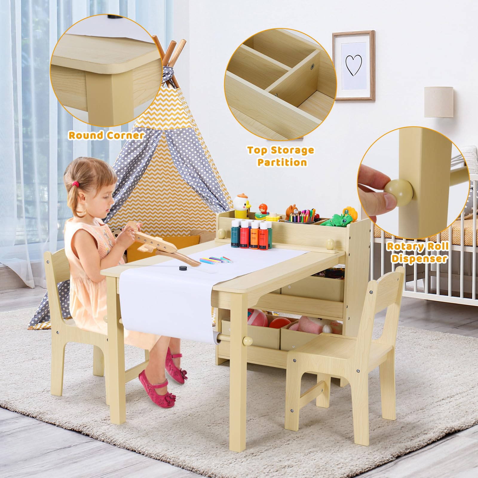 Kids Art Table and 2 Chairs, Toddler Craft Drawing Desk with Large Storage