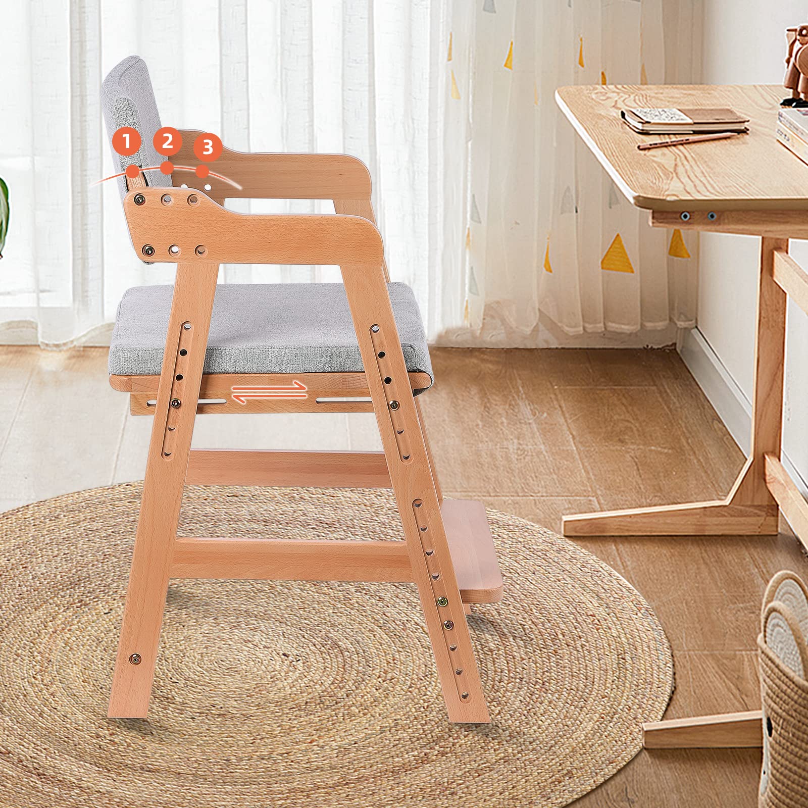Adjustable Wooden High Chair for Toddlers to Teens