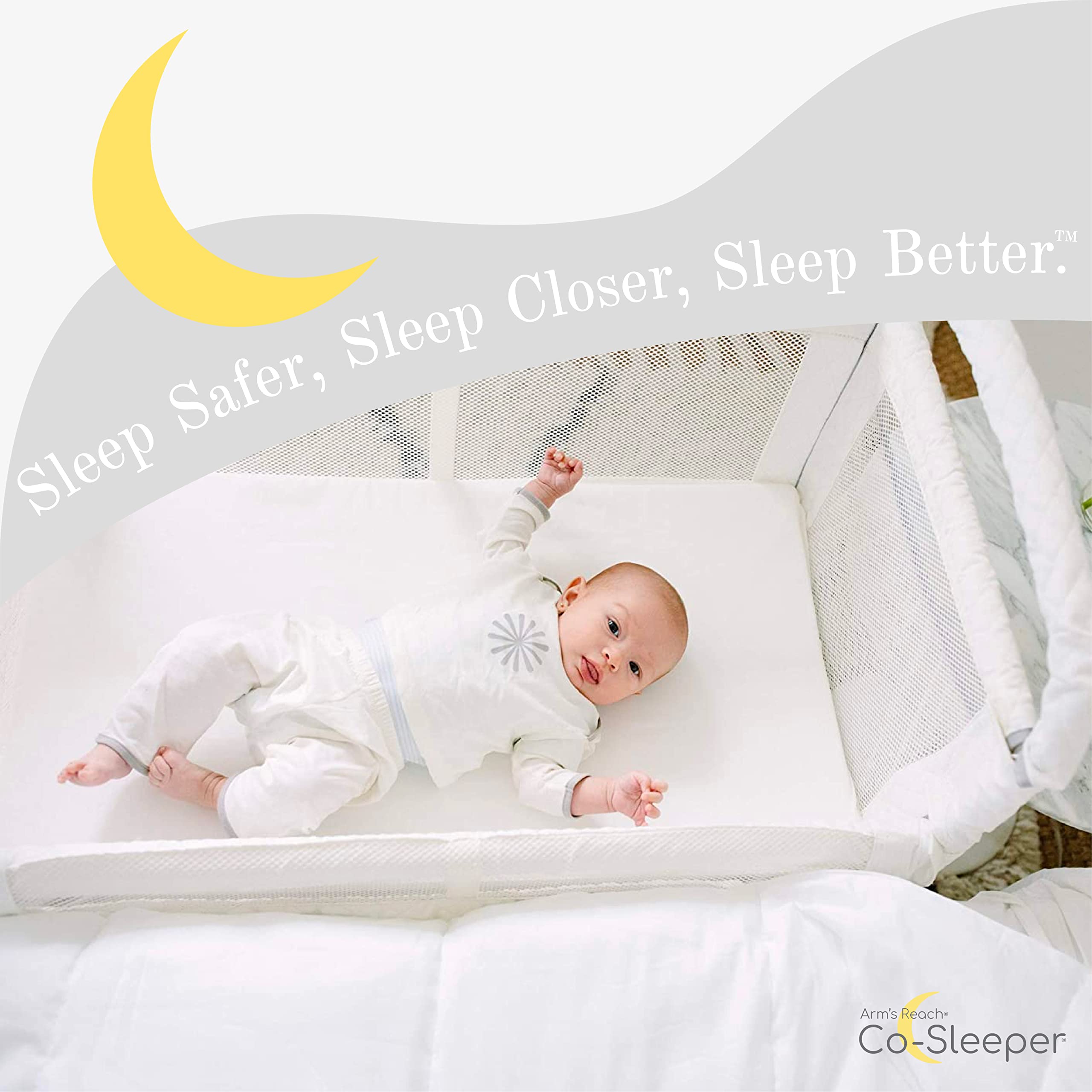 Arm’s Reach Clear-Vue Co-Sleeper Bedside Bassinet Featuring Clear Mesh Panels with Fold-Down Side, Large Attached Storage Basket, 4 Wheels, and Height-Adjustable Legs, White