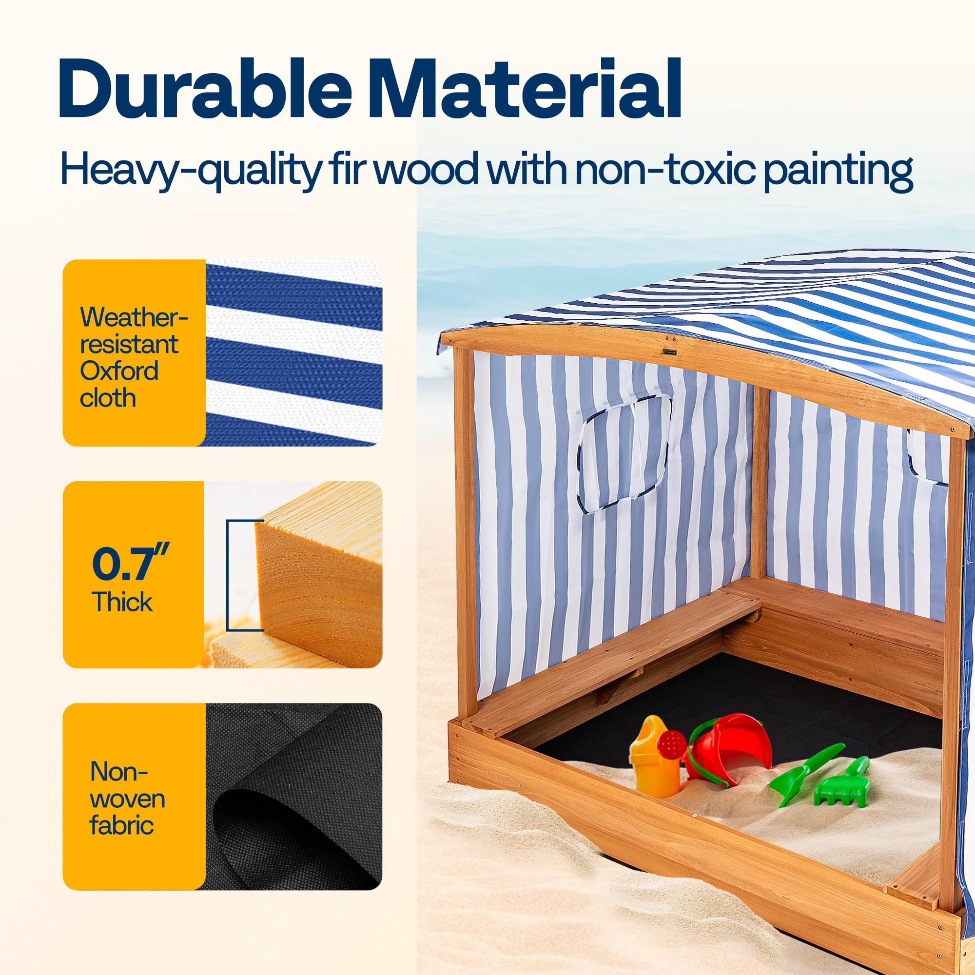 Fir Wood Sandbox with UV-Blocking Canopy and Benches