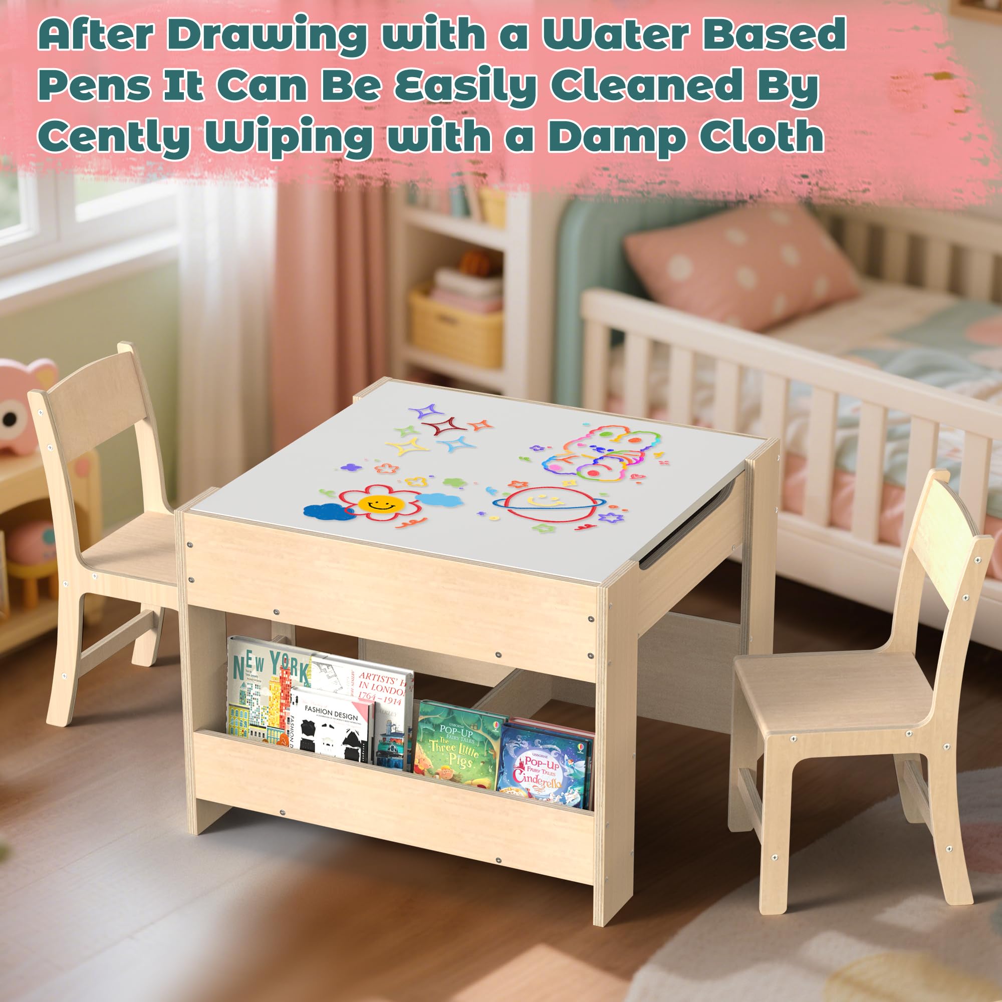 Kids Wooden Activity Desk and Chair Set with Reversible Whiteboard Chalkboard