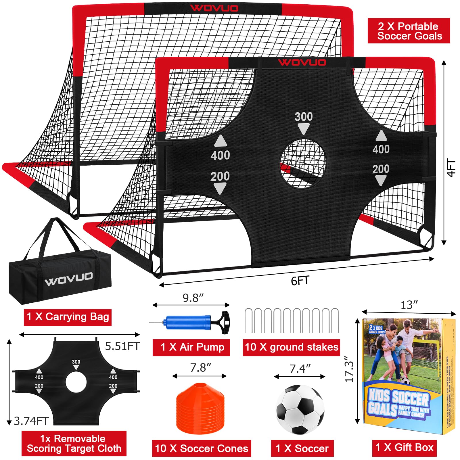 Portable Soccer Goals Set of 2 - 6x4 ft with Training Equipment