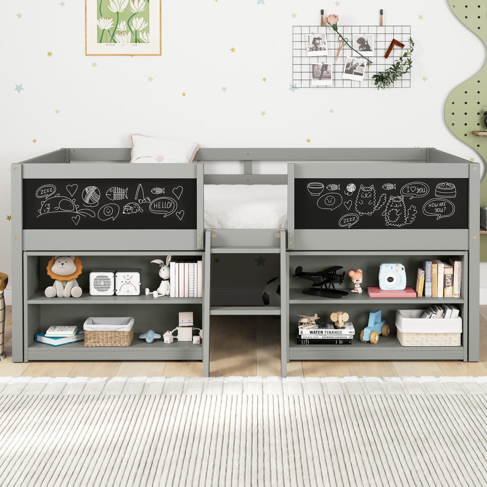Low Loft Bed Twin Size, Wooden Loft Bed with Ladder & Blackboard