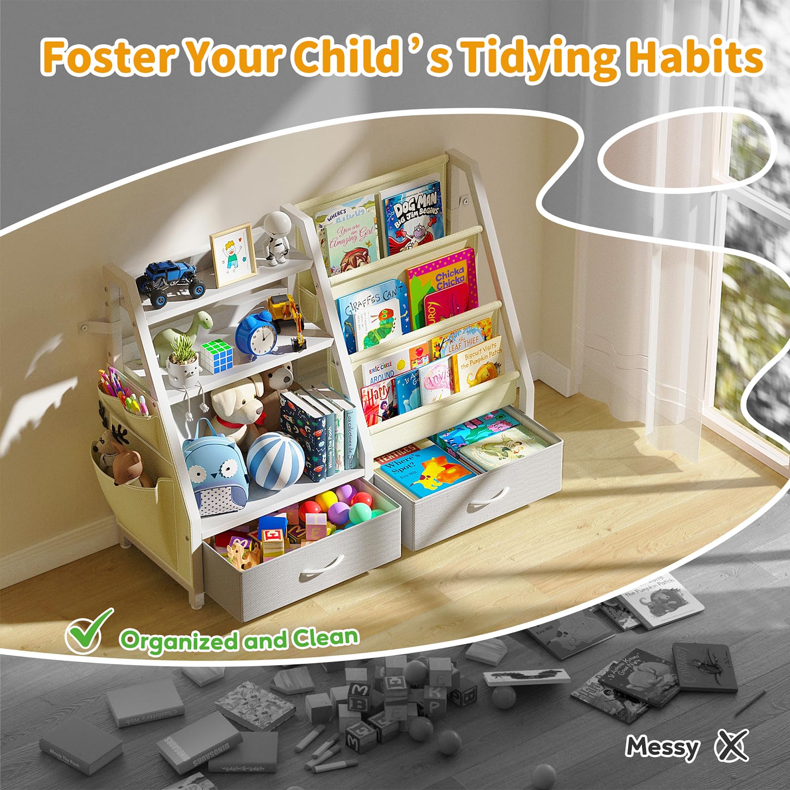 Kids Bookshelf and Toy Organizer with Storage Bins