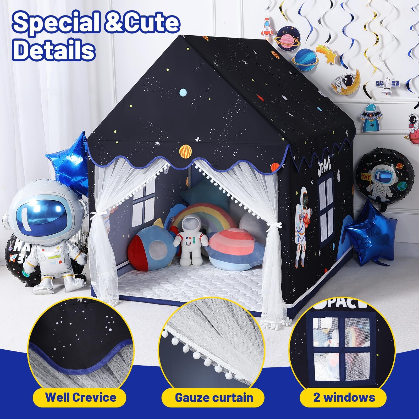 Space Kids Tent with Mat and Star Lights