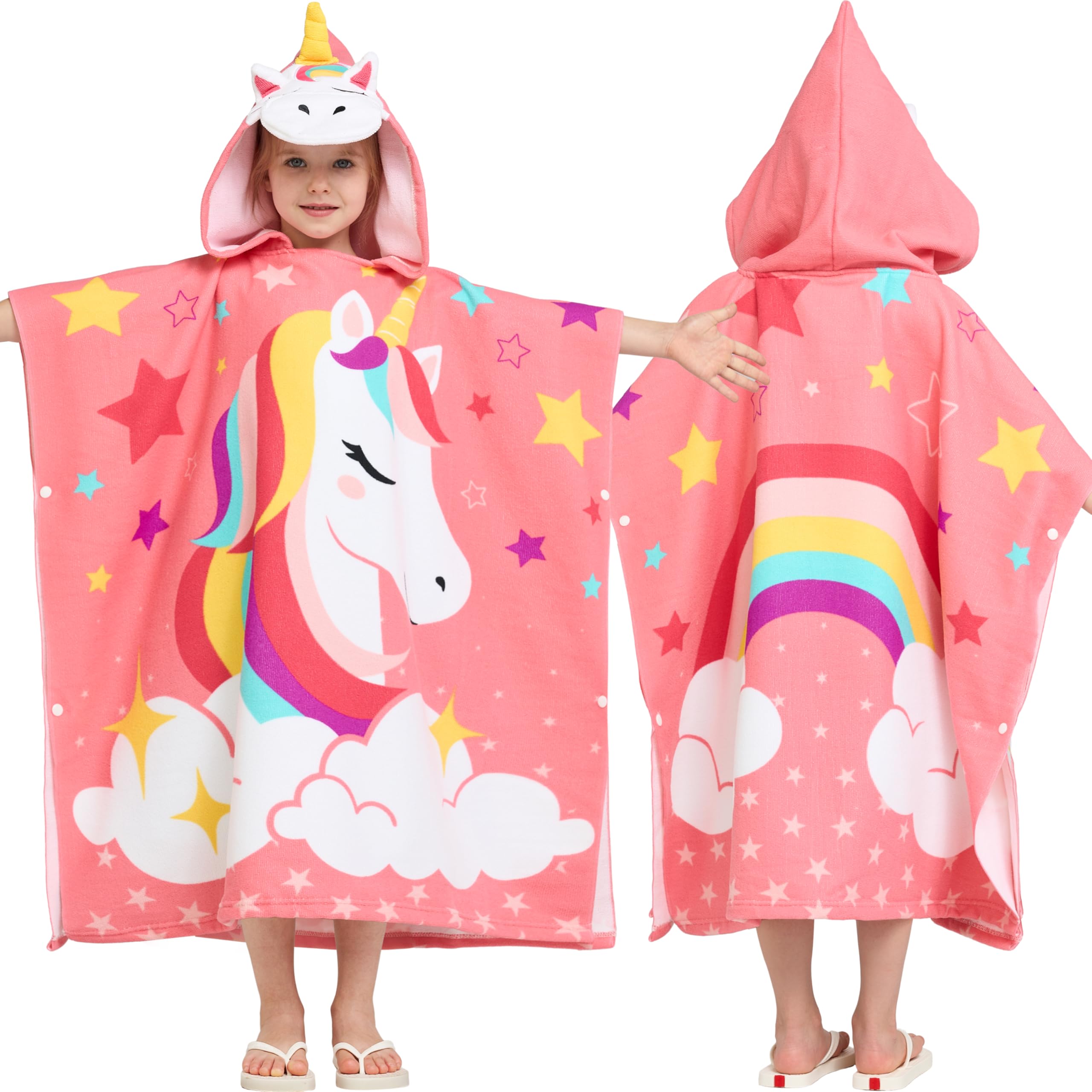 Kids Hooded Beach Towel Poncho with Snap Buttons