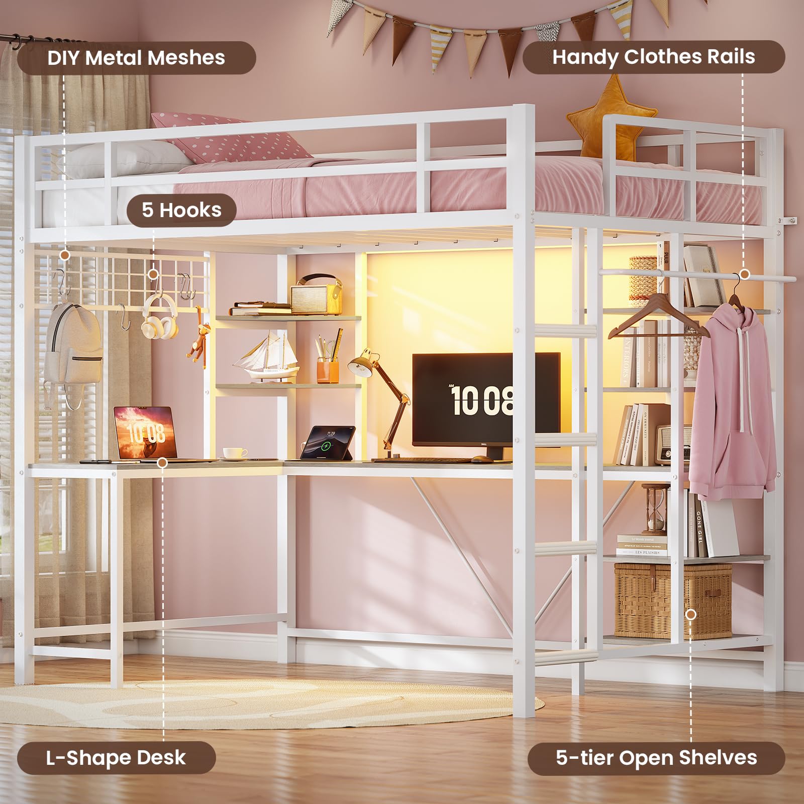 Loft Bed with Desk with Charging Station & LED Lights, Loft Bed Twin Size