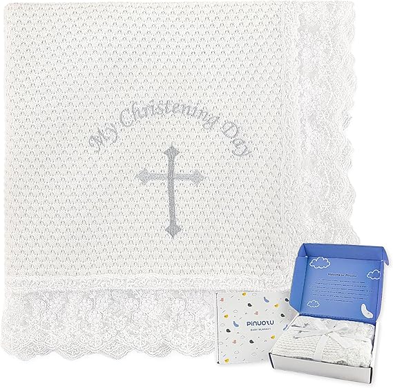 Baby Baptism Blanket – White Cotton Knit Christening Shawl