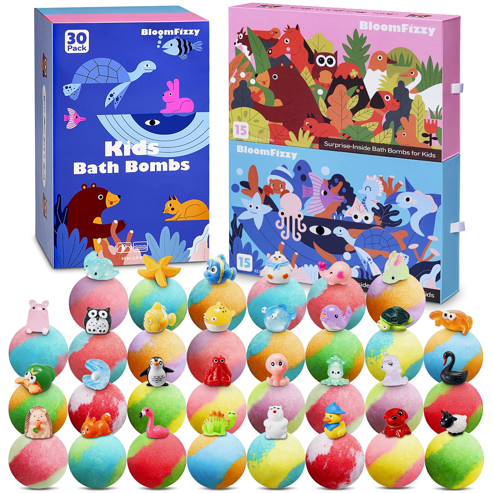 Kids Bath Bombs with Surprise Toys Inside - 30 Pack Gift Set with Animal Figures
