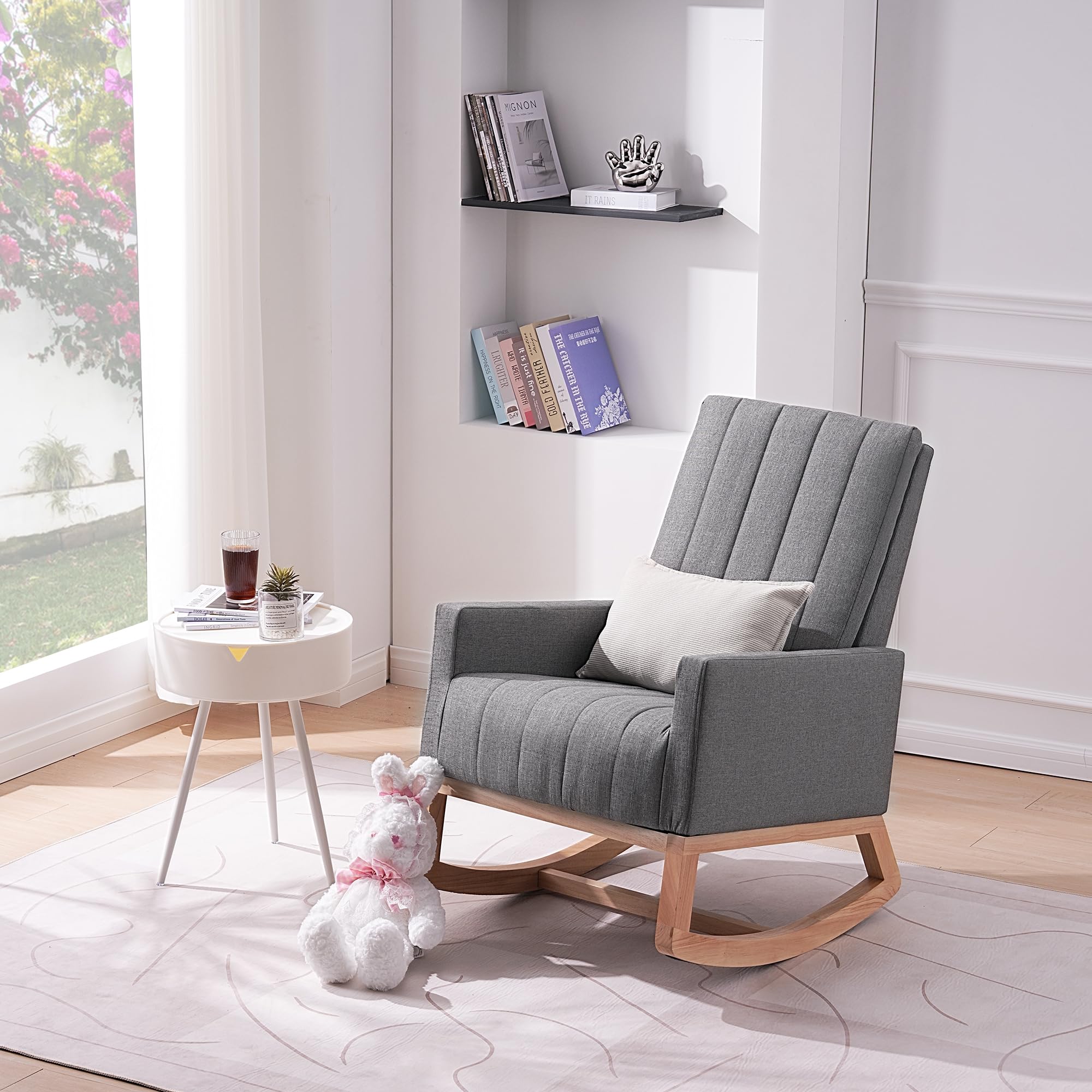 Upholstered Rocking Chair with USB Port and Side Pocket
