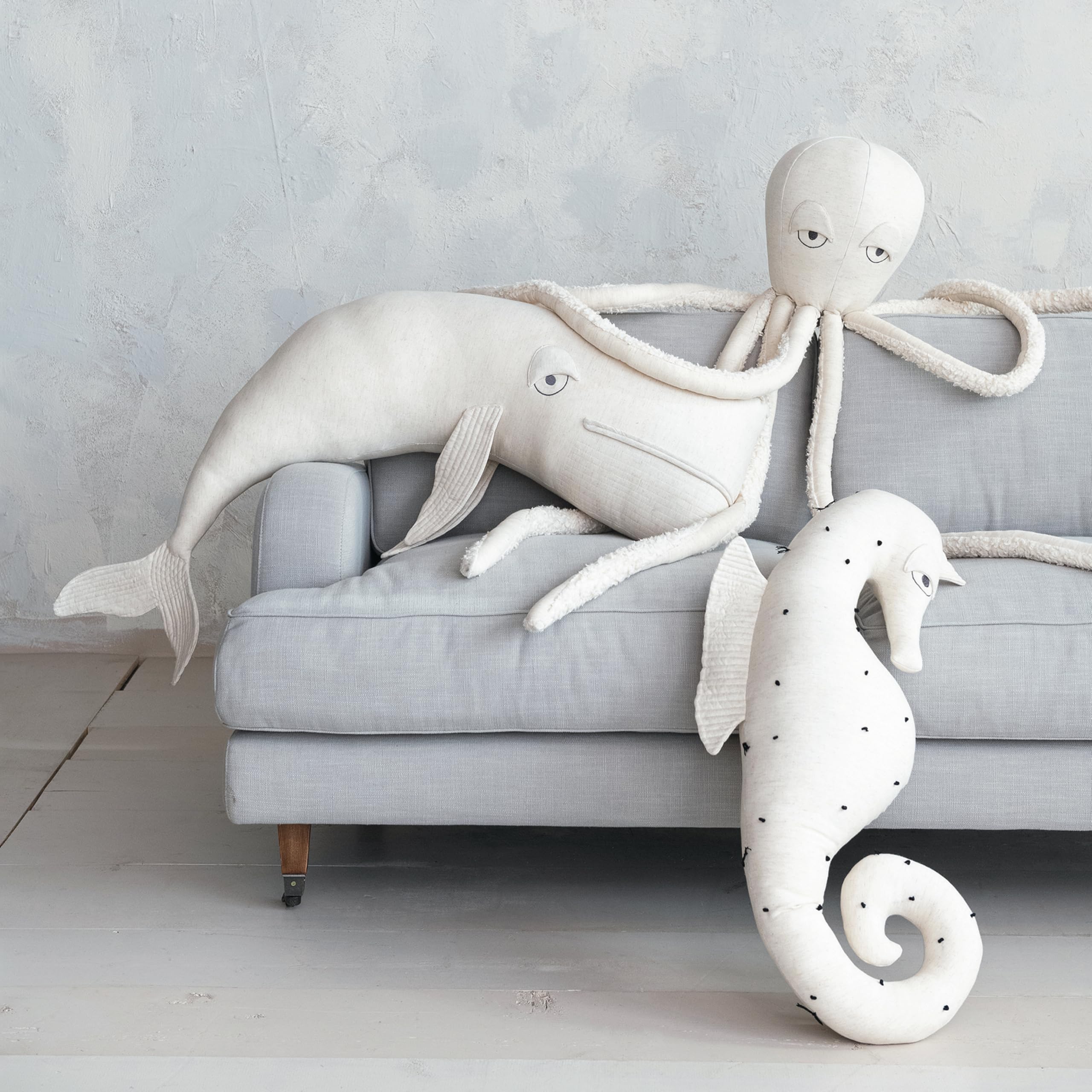 White Cotton and Linen Octopus Shaped Pillow