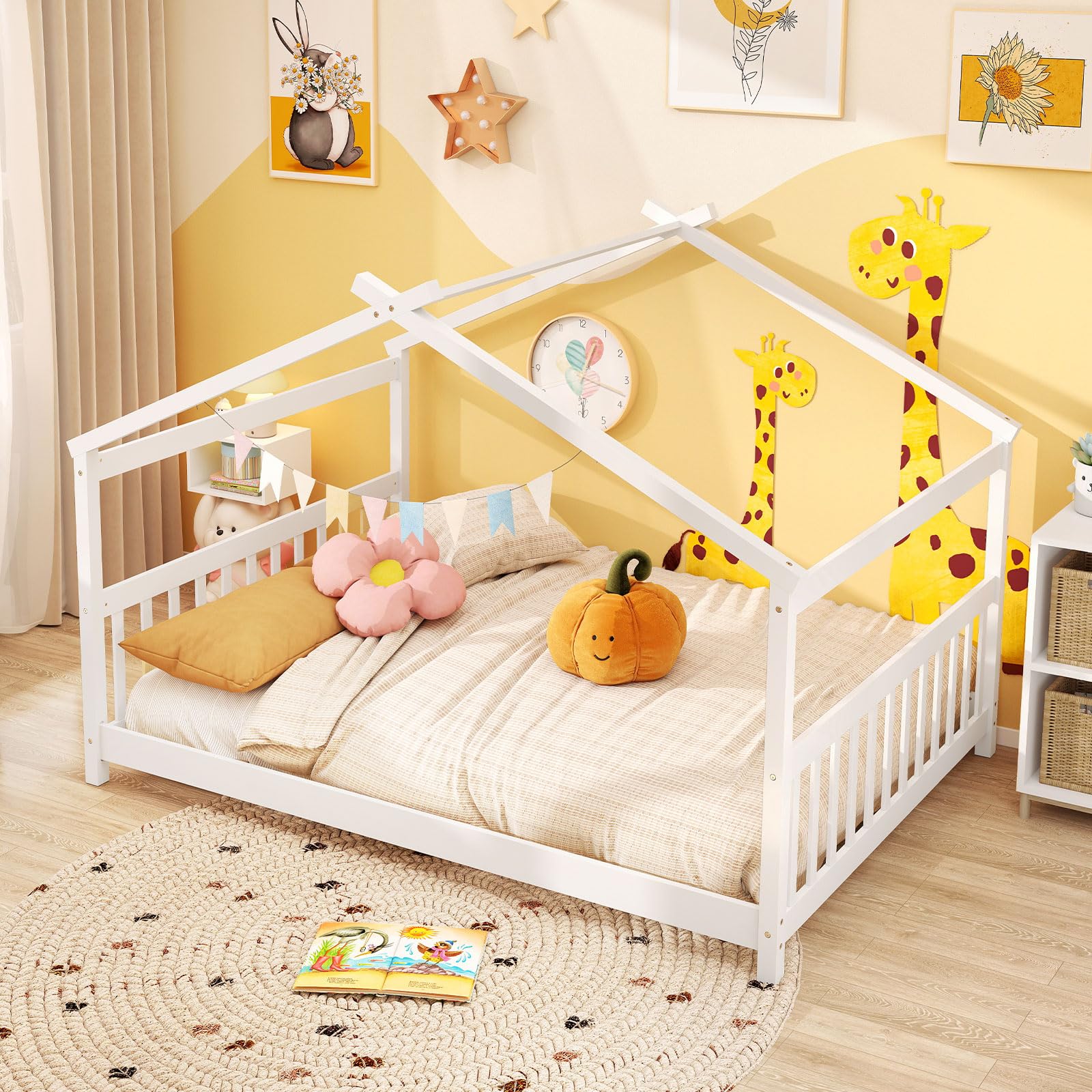 Full Size Floor Bed, Solid Wood Montessori House Bed with Roof