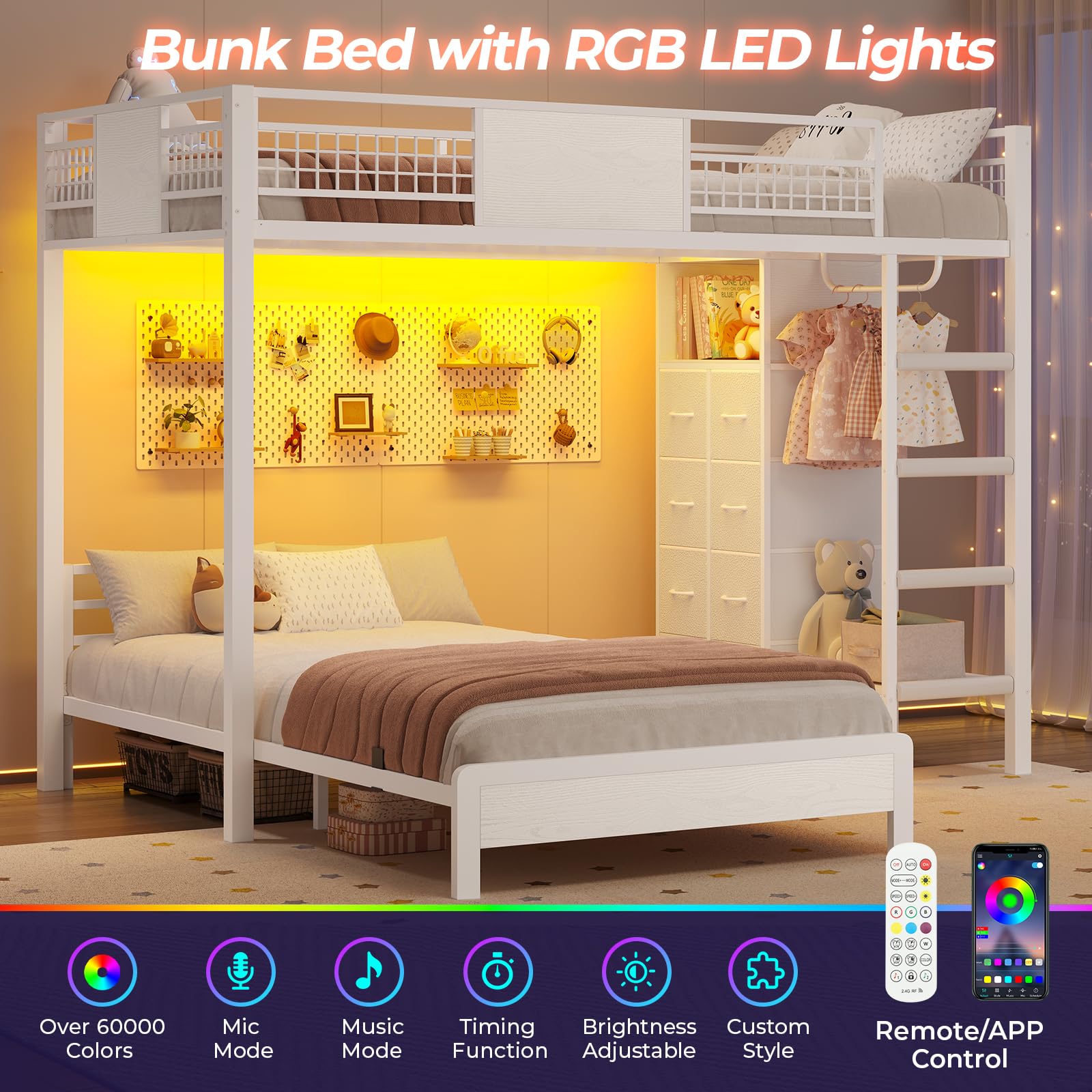 Twin Over Twin Bunk Bed with Storage Drawers and LED Lights